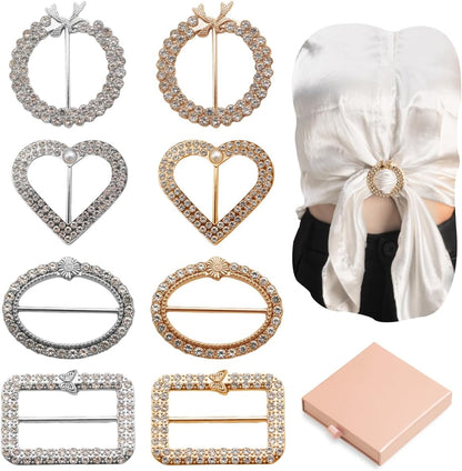 8 Pack Scarf Ring Clip，Shirt Clips for Women Clothing,Fashion Metal Shirt Ties Clips for Women, Cinch Clips for Loose Clothes Corner Knotted Button with 1 Gift Box Packing