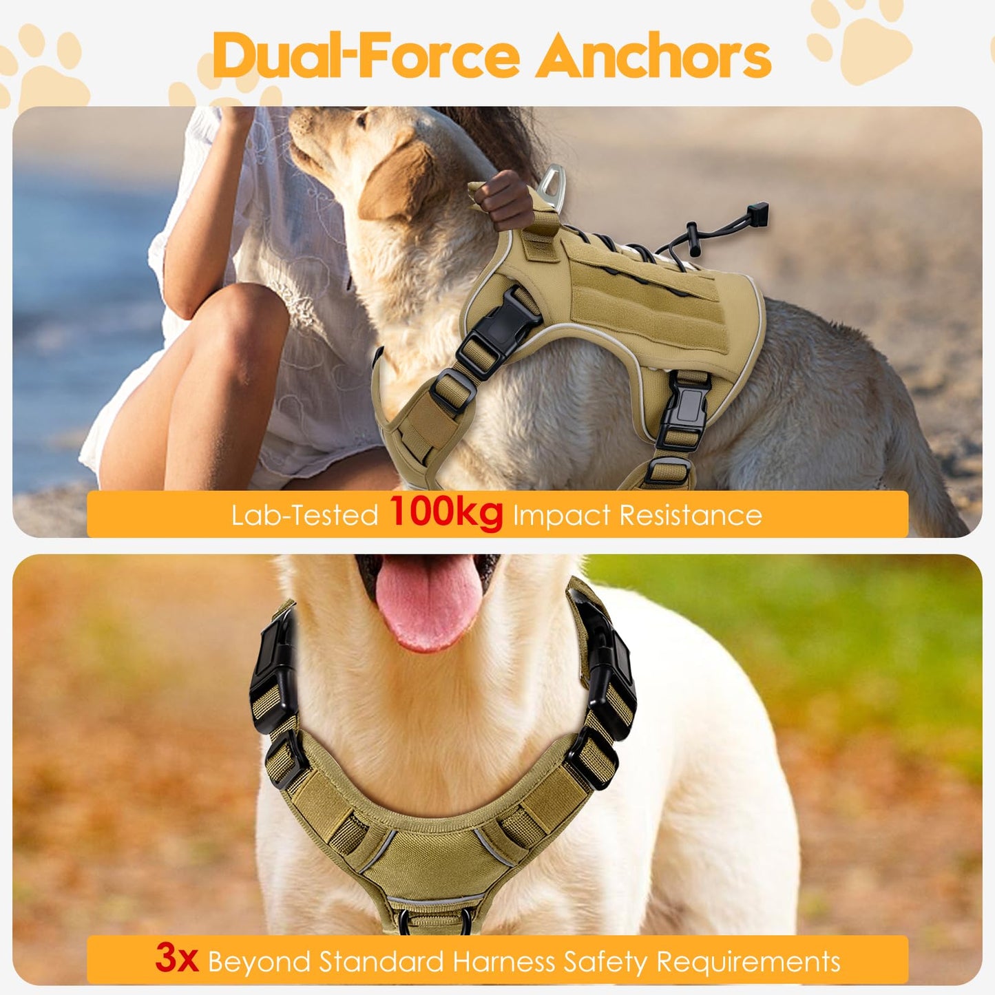 Heavy-Duty Tactical Dog Harness for Large Dogs, No Pull Adjustable Reflective Pet Vest with Molle System, K9 Military-Grade Control for Service Training, Outdoor & 10+ Breeds, Khaki, Large