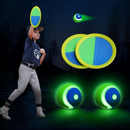 LED Toss and Catch Ball Set – Glow-in-The-Dark & Daytime Play with Rechargeable Light-Up Balls, Includes 2 Paddles & 2 Balls – Indoor & Outdoor Toy for Kids, Toddlers & Adults Fun