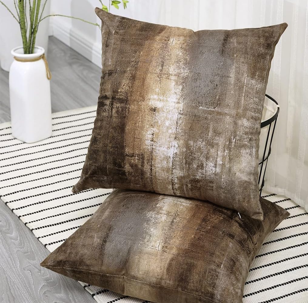 Alricc Decorative Abstract Art Throw Pillow Covers 18x18 (Set of 2) - Modern Oil Painting Textured for Couch, Living Room, Bed - Dark Brown Contemporary Design