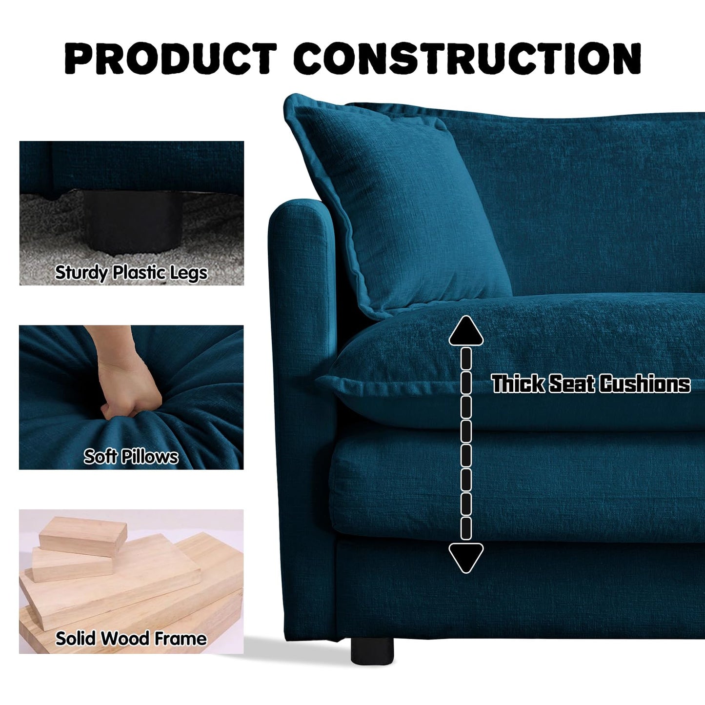 Oversized Chaise Lounge Chair Indoor, Chenille Upholstery Cloud Sectional Sofa, Minimalist Modular Sleeper Couch Bed Including Single Club Armchair & Ottoman for Liviing Room Apartment Office