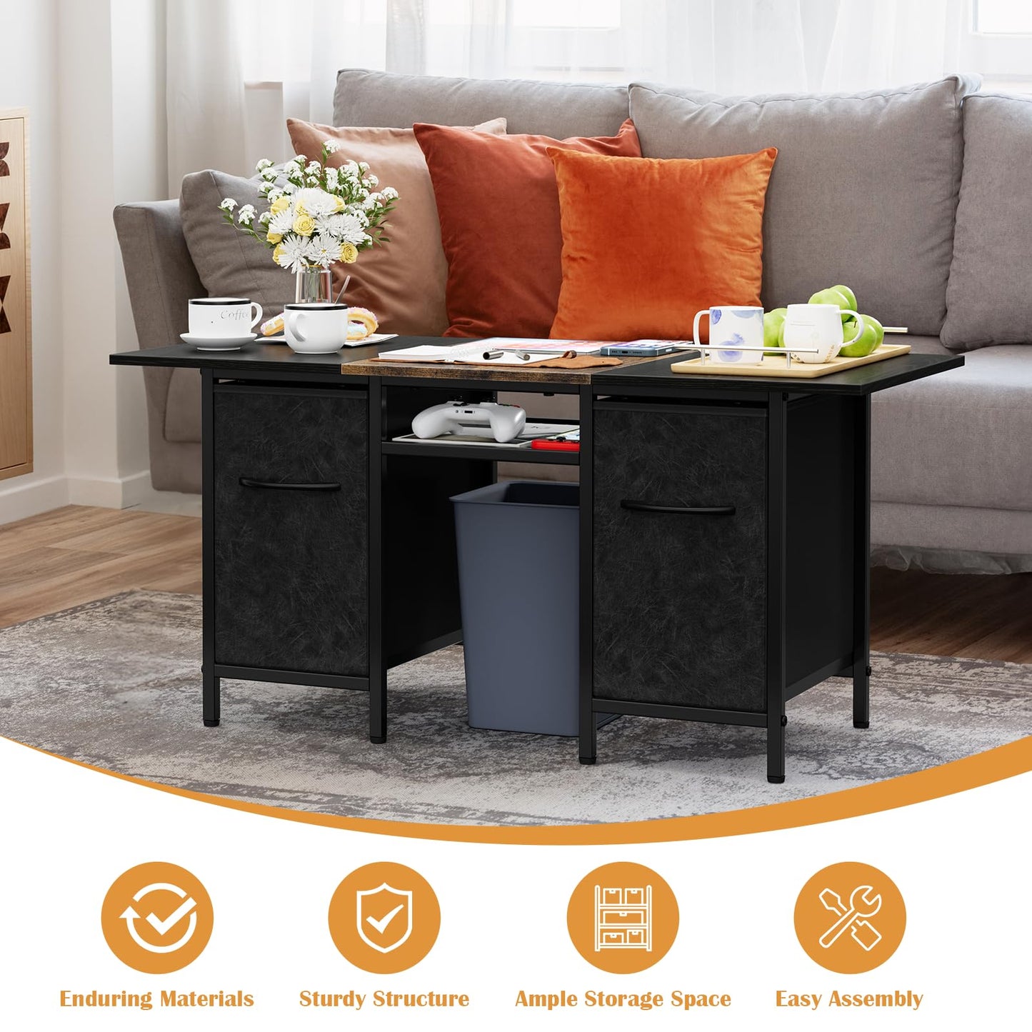 Small Coffee Tables for Living Room 35'' Rectangle Coffee Table with 2 Fabric Storage Drawers and Metal Shelf, Wood Center Table for Small Spaces, Home Office, Black & Rustic Brown