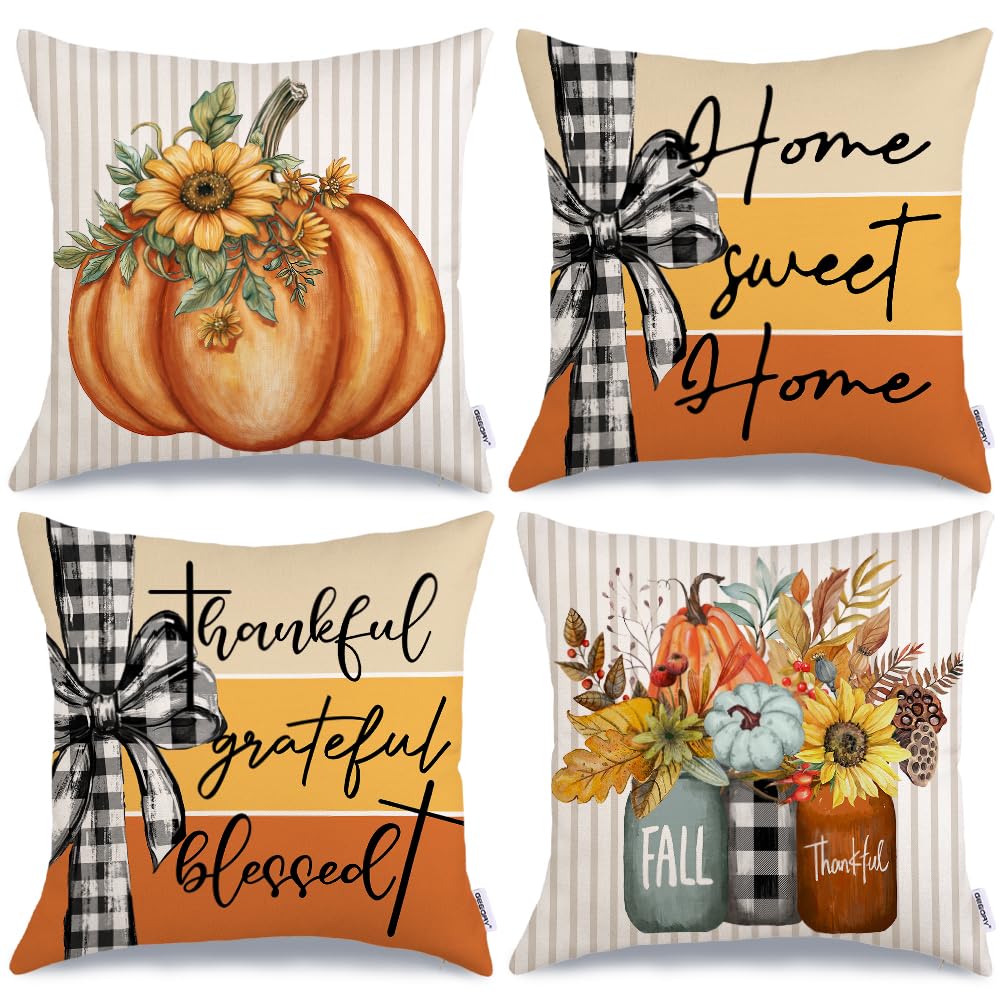 GEEORY Fall Pillow Covers 18x18 Inch Set of 4, Pumpkins Mason Jars Home Sweet Home Striped Seasonal Decorative Throw Pillows Farmhouse Autumn Thanksgiving Decorations for Home Decor (Orange)