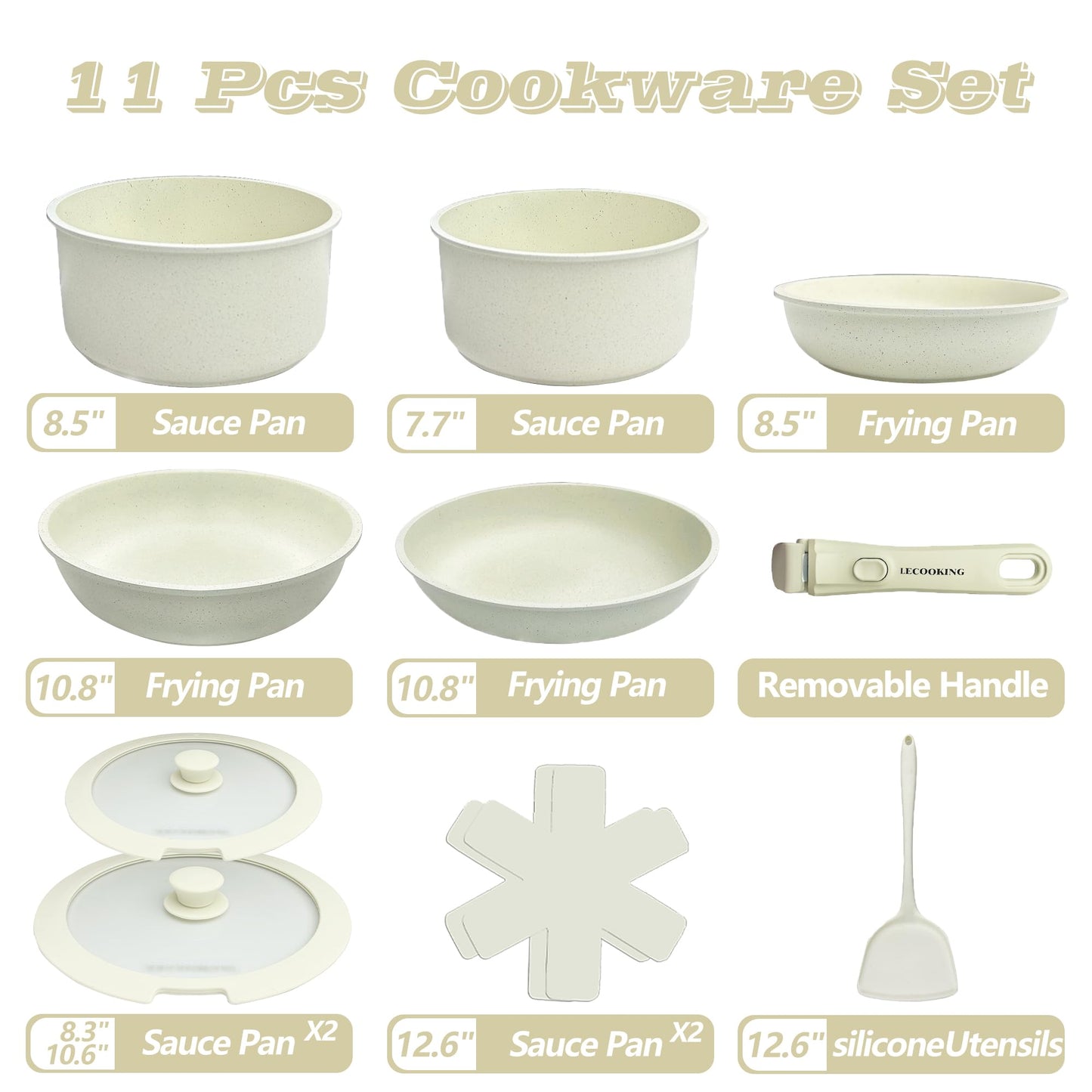 LECOOKING 11 PCS Pots and Pans Set, Cookware set with removable Handles, Dishwasher and oven Safe, Detachable Cooking Set, Induction and Gas Stove kitch set, White