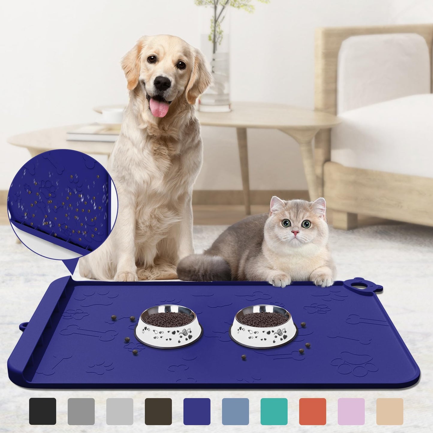 Pet Feeding Mat, Dog Food Mat, 24''x16'' Silicone Pet Feeding Mats with Residue Collection Pocket, Waterproof Dog Cat Bowl Mats for Food and Water with Edge and Hook, Tray for Dog Bowls, Navy Blue