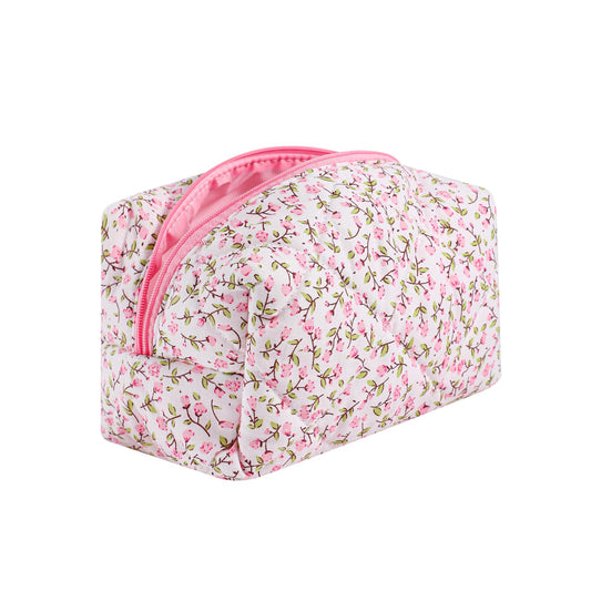Cute Small Floral Cotton Makeup Bag, Quilted Zipper Pouch with Coquette Bear for Women and Girls, Kawaii Travel Cosmetic Bags for Purse(12White-pink bow)