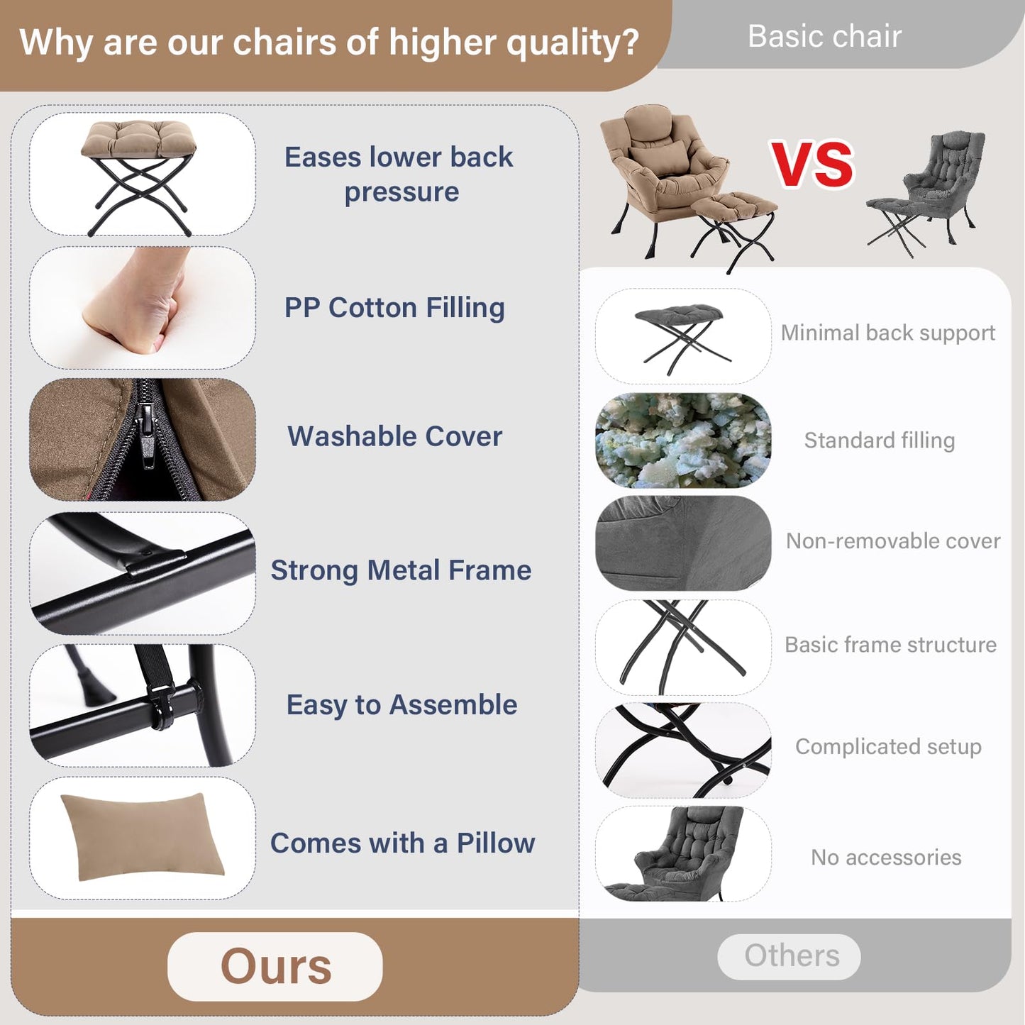 Furlide Lazy Chair with Ottoman, Modern Lounge Armchair with Lumbar Pillow, Accent Cozy Reading Chair and Folding Footstool for Bedroom, Dorm, Living Room,Khaki