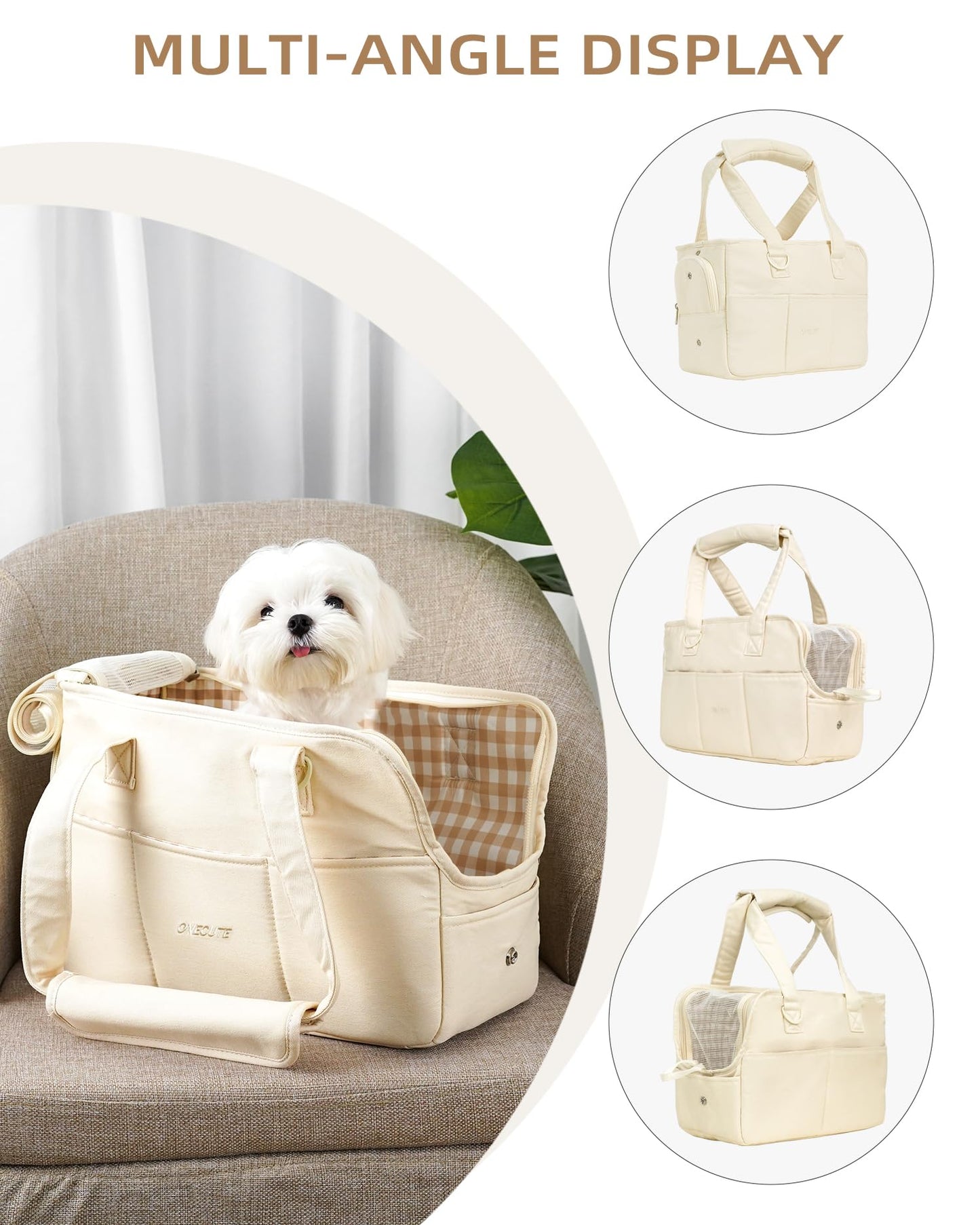 ONECUTE Dog Purse Carrier for Small Dogs Rabbit cat with Large Pockets, Cotton Bag, Dog Carrier Soft Sided, Collapsible Travel Puppy Carrier (Beige, 13.6" L x 6.5" W x 10" H)