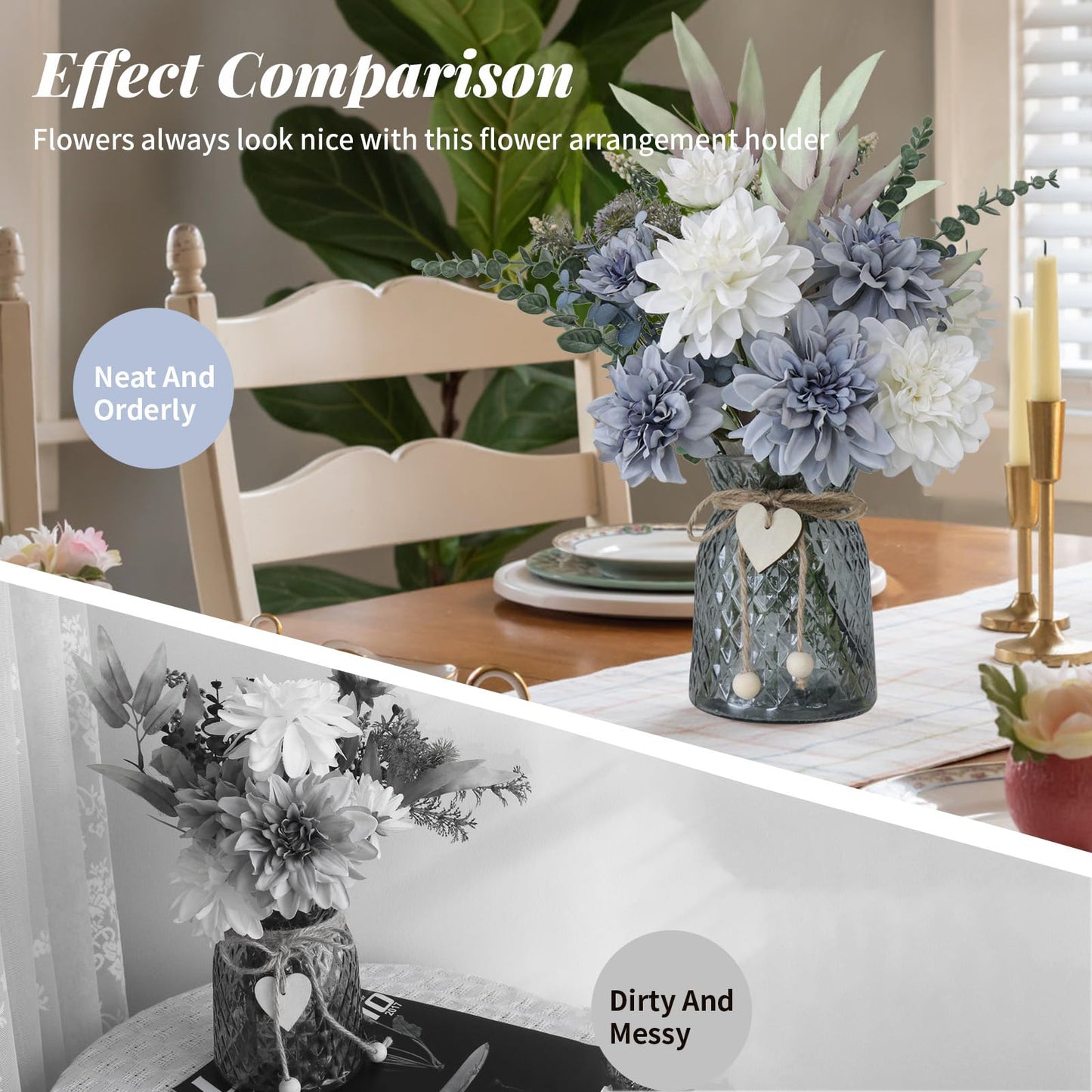 SHINFHOMF Fake Flowers in Vase,8 Dahlias,Silk Artificial Flowers in Vase,Centerpiece Table Decorations,Faux Flowers in Vase with a Flower Arrangement Holder