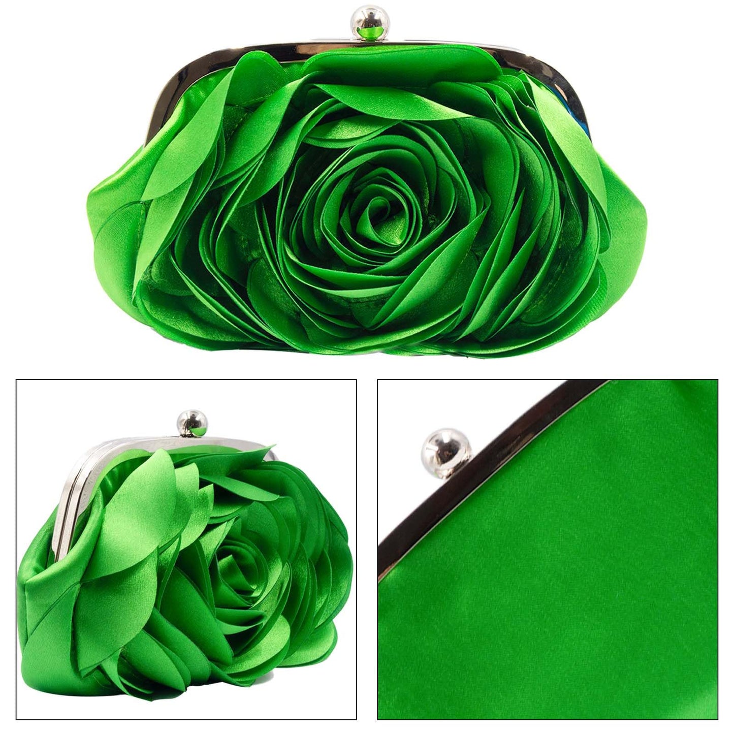 Little Floral Clutch Purse for Women - Elegant Rose Petal Evening Bag with Detachable Chain for Wedding, Gala, Prom, Green