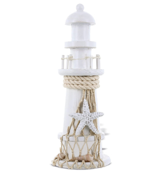 Puzzled COTA Global White Lighthouse Decor - Handmade and Crafted Wooden Lighthouse Decoration with Starfish, Decorative Tabletop Centerpiece Home Decor - 8.75 Inches