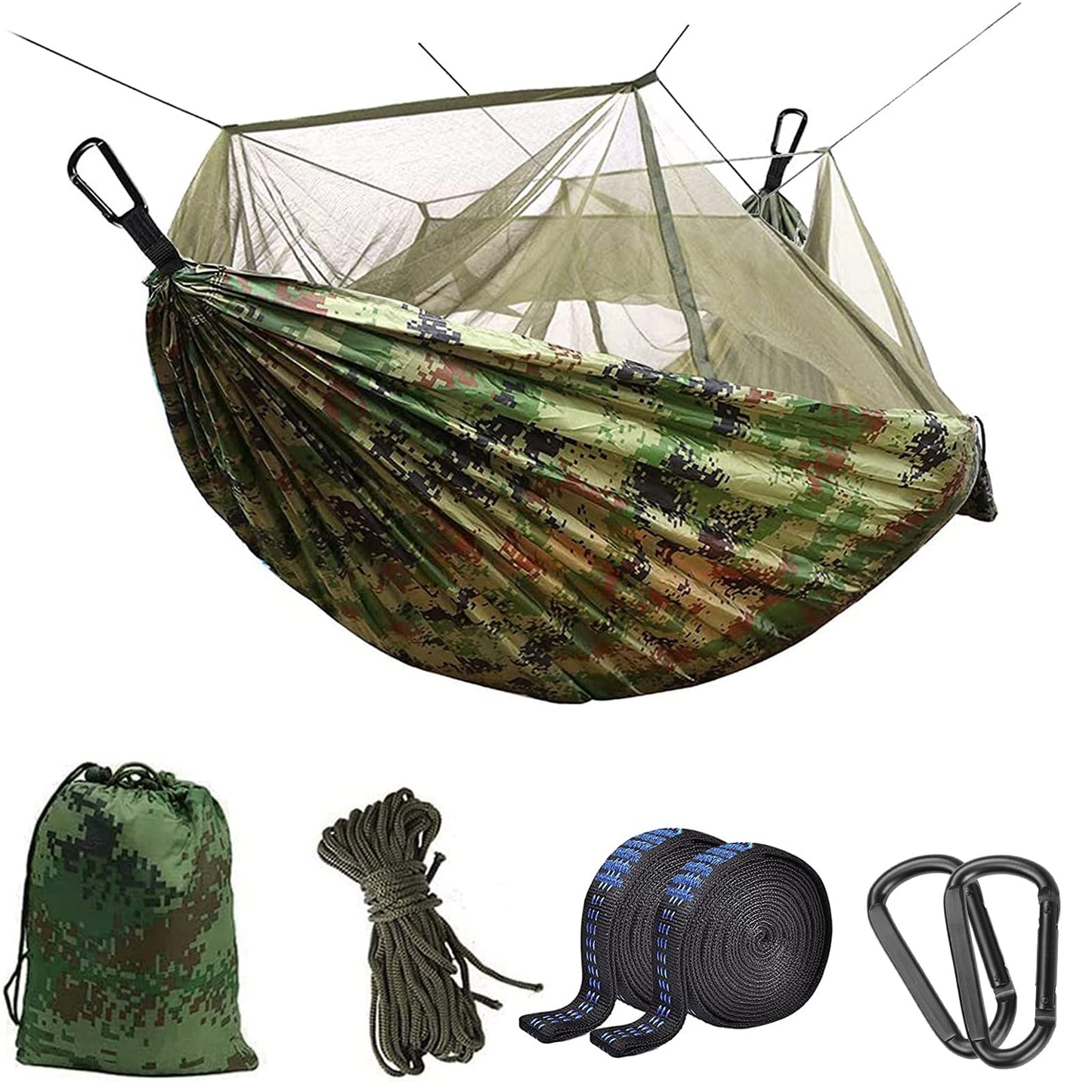Camping Hammock with Mosquito Net - Ultra Lightweight Durable Double/Single Travel Hammock 210T Parachute Nylon with Tree Straps 660lbs Capacity for Garden Camping Backpacking, Camo