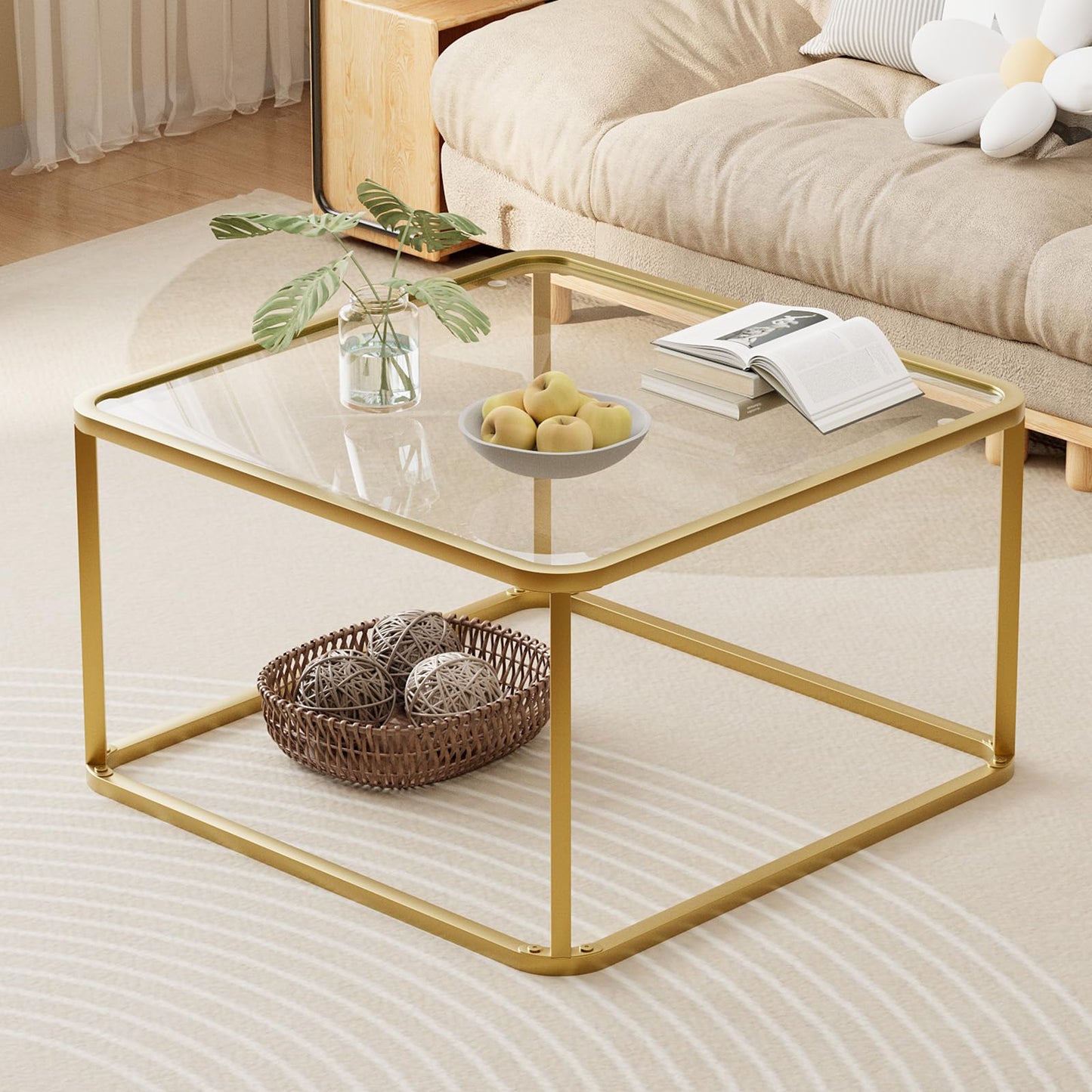 Coffee Table Glass, Minimalist Square Tables for Living Room, Modern Center Table for Office or Small Space, Tempered Glass, Sturdy Metal Frame, Easy Assembly, 26.4 x 26.4 x 15.7 Inches, Gold