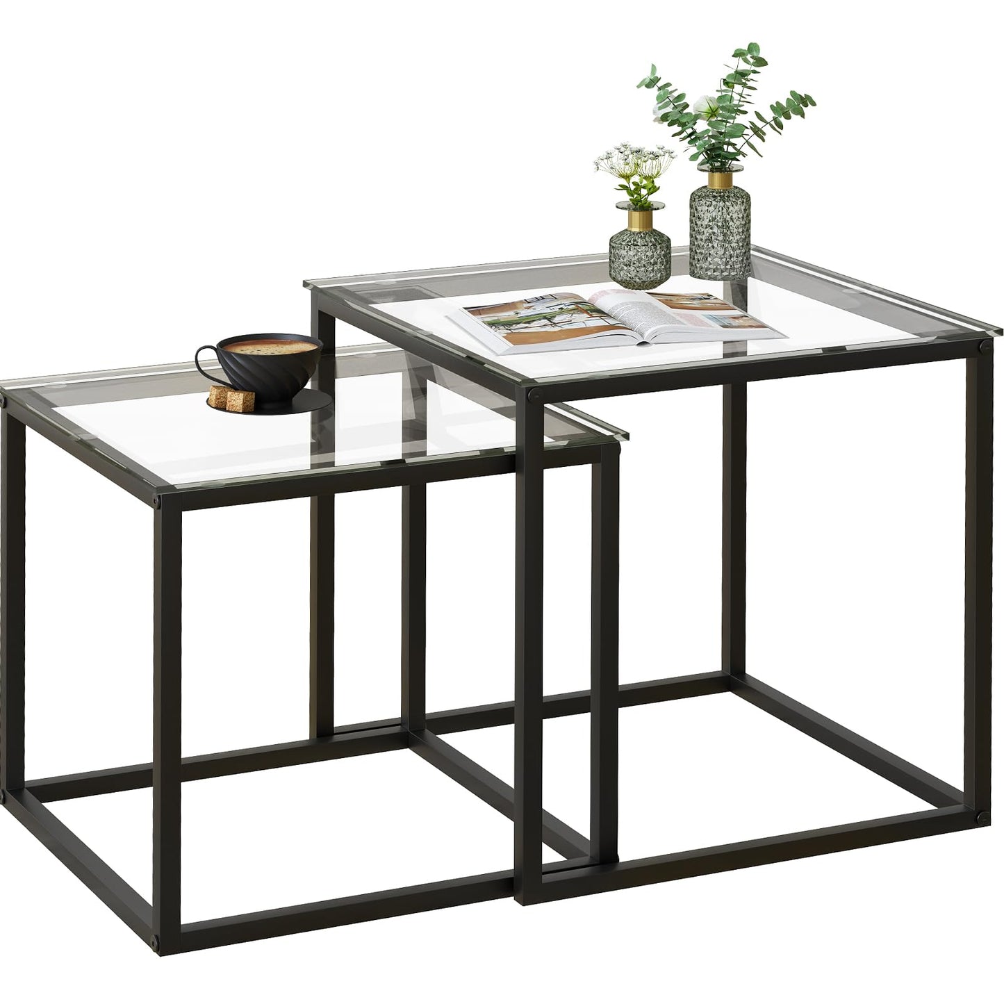 VILAWLENCE Coffee Table Set of 2, Modern Black Glass Side Table, Metal Frame Square End Table, Center Tables,Nesting Coffee Table for Living Room,Bedroom and Small Spaces