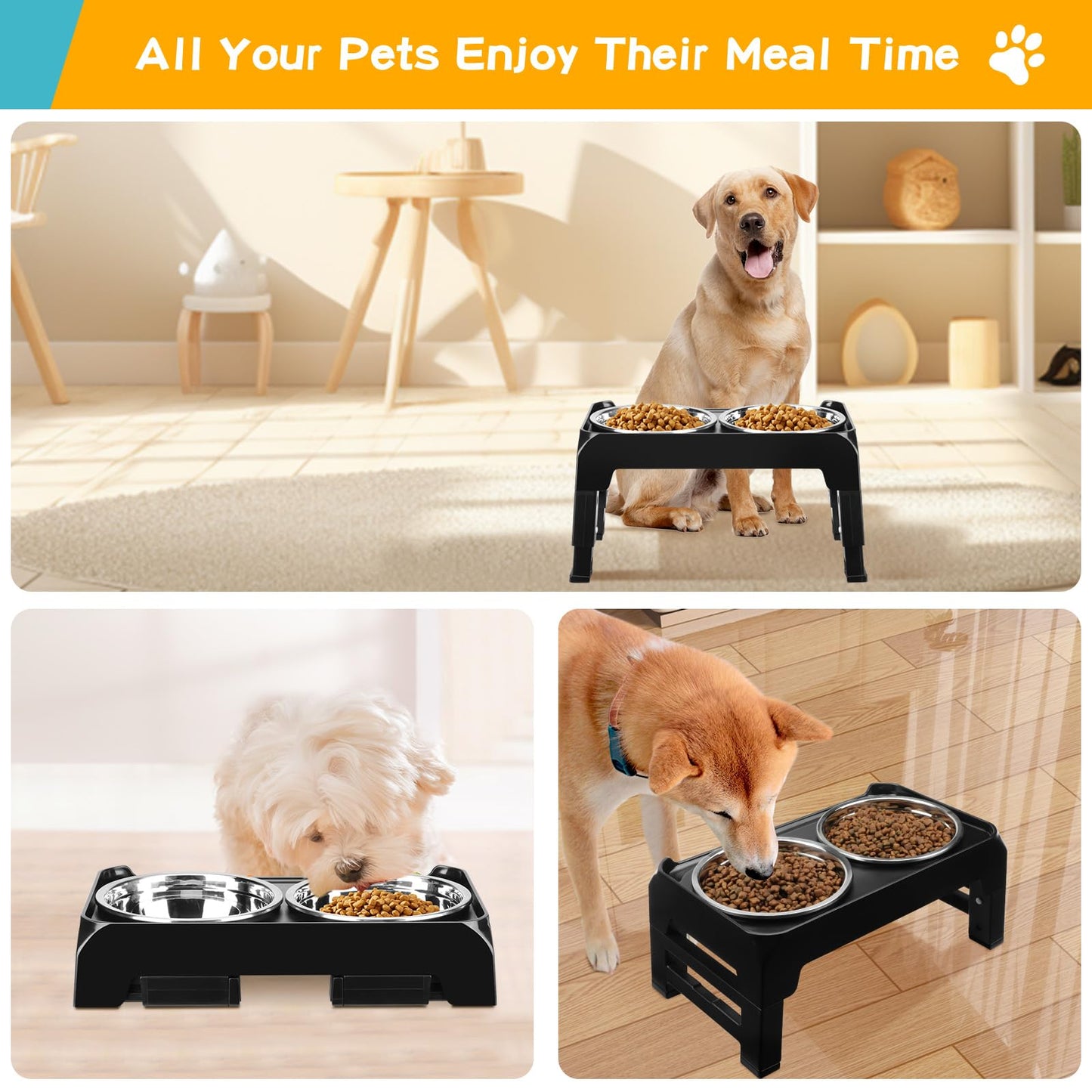 COMESOON Elevated Dog Bowls for Small Medium Dogs, 3 Height Adjustable Raised Stand with 2 Thick 6" Stainless Steel Food Bowls, Non-Slip Feeder Adjusts to 2.75", 6", 7.5", Black