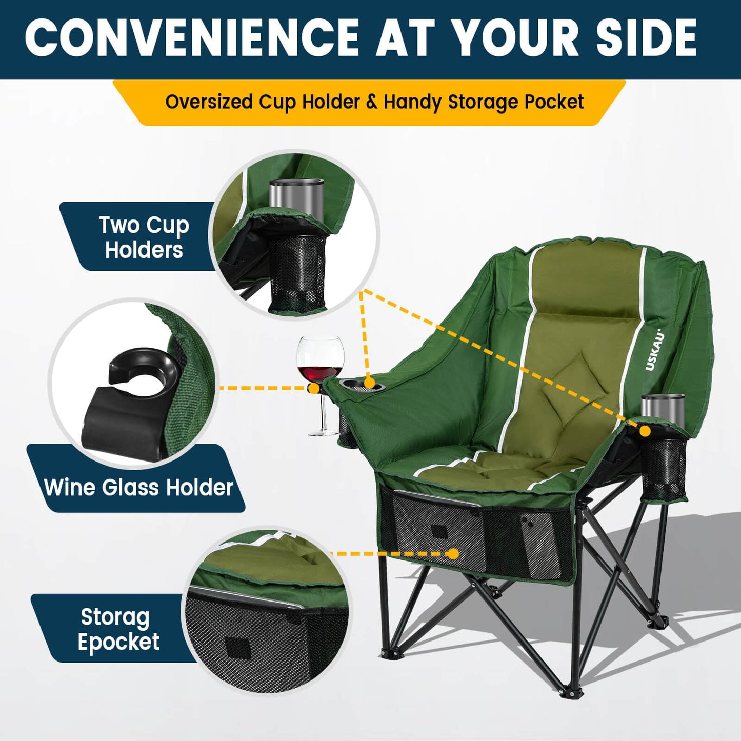 USKAU Oversized Camping Chair for Large Adults Heavy Duty 400 lbs Capacity, Comfortable Padded Folding Lawn Chair with Back & Headrest Support and Cup Holder, Portable Outdoor Chair with Carry Bag