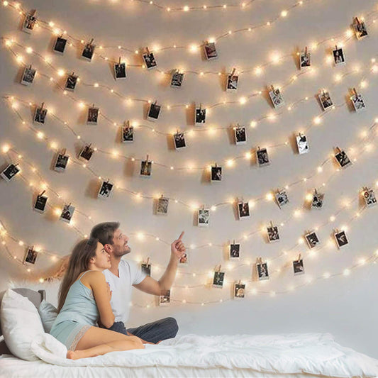 Photo String Lights with Clips for Hanging: 33Ft 100LED & Timer Fairy Light with 50 Clear Clip for Picture Display - Indoor Bedroom Room Dorm Wall Decor - Christmas Party Wedding Romantic Lighting