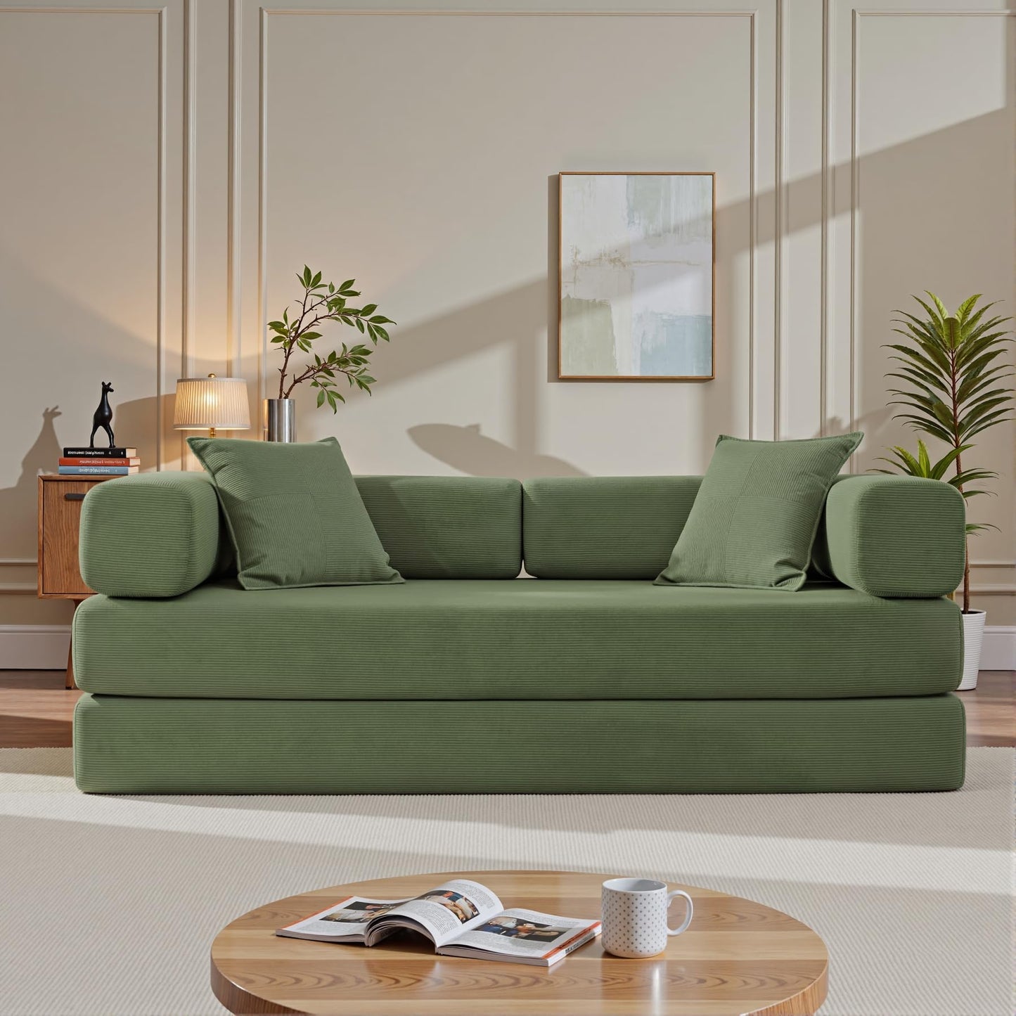 ivoros Folding Sofa Bed, Convertible Sleeper Sofa Bed with Gold Fixed-Shape Frame, Corduroy Floor Couch, Lazy Compression Sofa for Living Room, Bedroom, Home Theater, Green