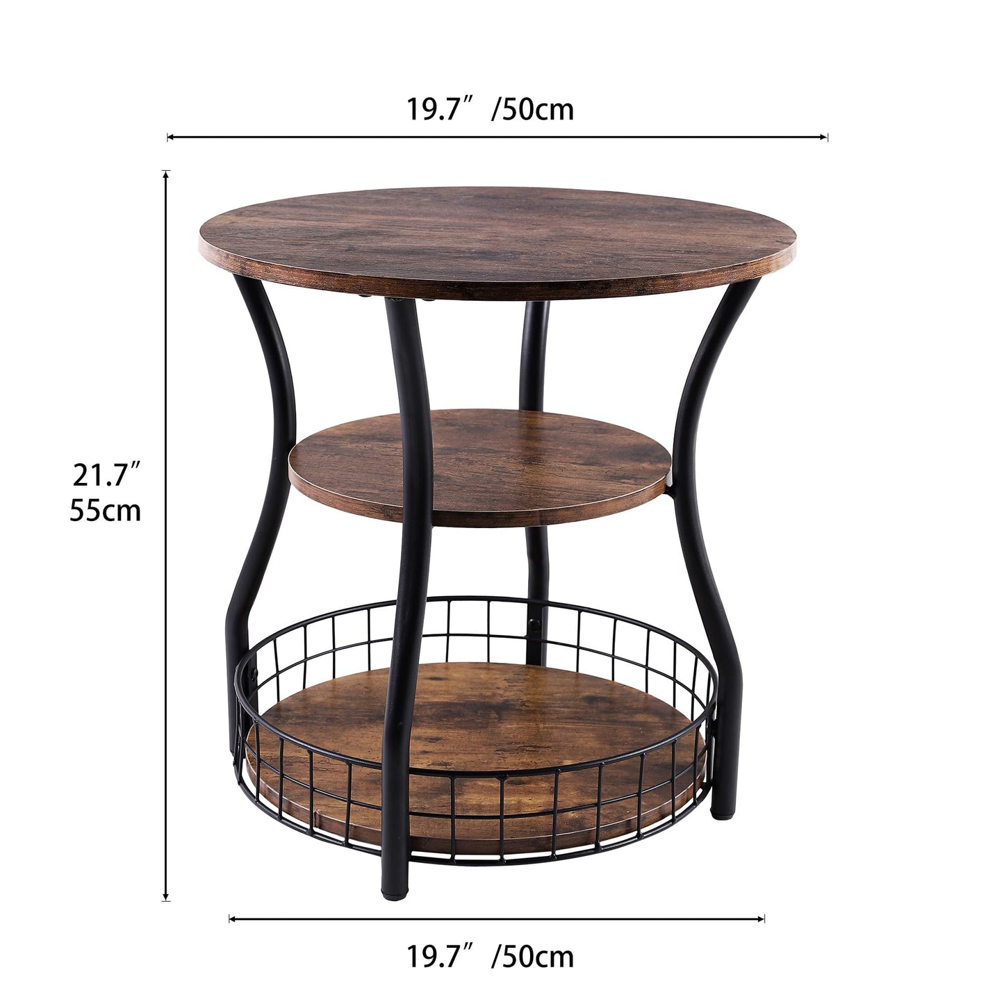 Anlanbor Side Table, 3 Tier Small Round End Table with Storage Shelves for Living Room, Bedroom, Accent Coffee Sofa Couch Table for Small Spaces,Round Nightstand with Metal Frame, Rustic Brown