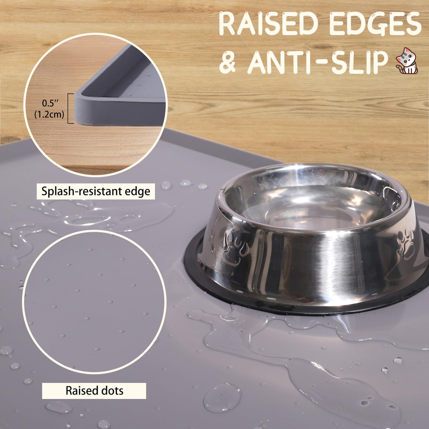 MateeyLife Silicone Cat & Dog Food Mat for Floors Waterproof, Anti-Slip Dog Bowl Mats for Food and Water, Pet Feeding Mats with Lip to Prevent Spills, Pet Placemat for Messy Drinkers to Protect Floors