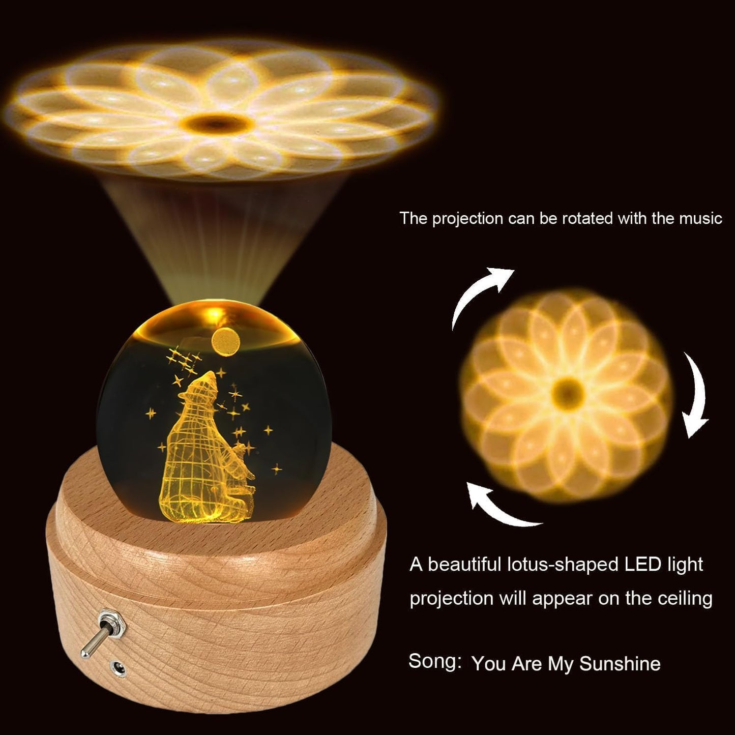 SINGEEK Polar Bear K9 Crystal Ball Music Box with Projection and Rotating Wooden Base, Snow Globe for Women Mom Girls, Best Gift for Birthday Valentine's Day Mother's Day (You are My Sunshine)