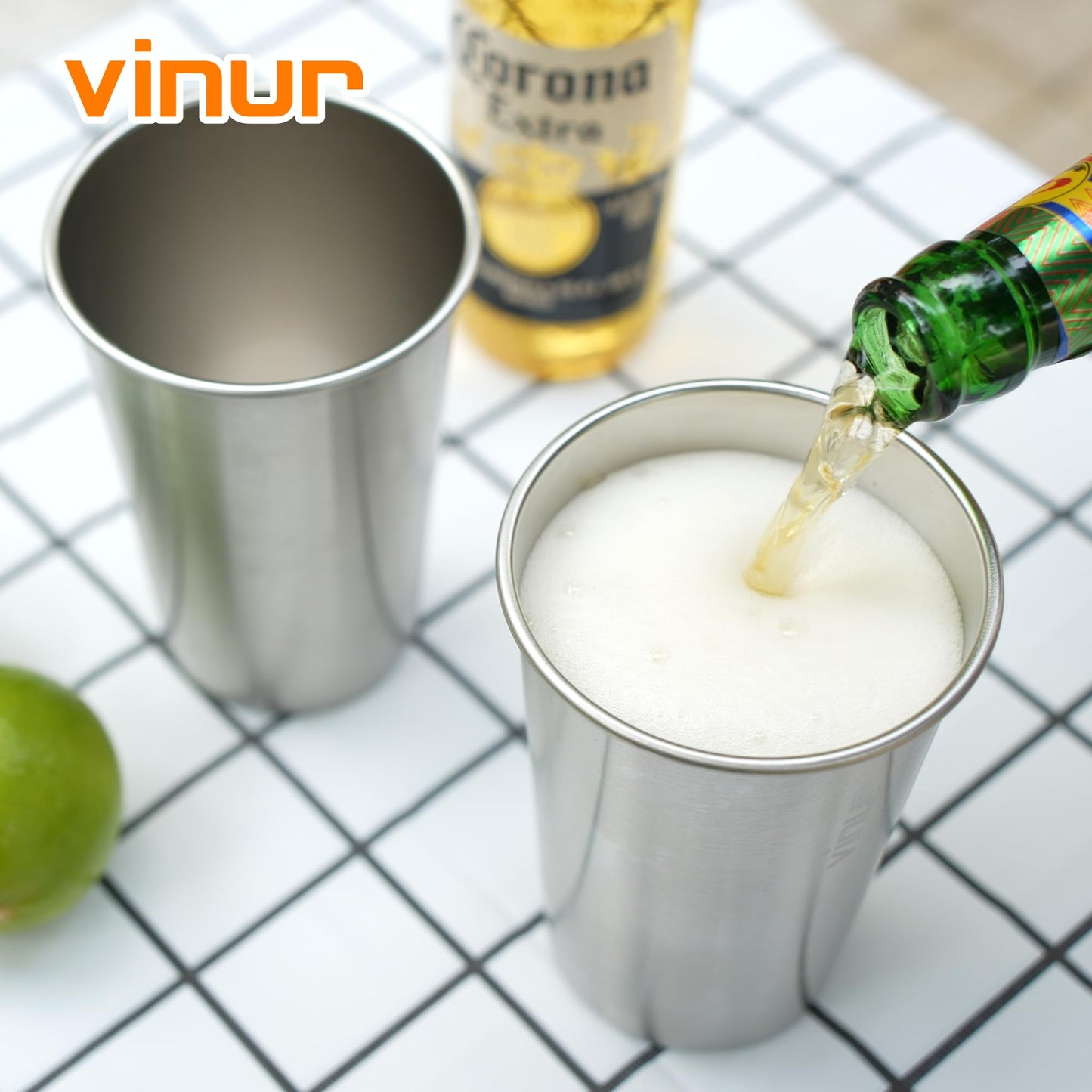 VINUR 16 oz Stainless Steel Cups 4 Pack Pint Tumbler Stackable Metal Drinking Glasses for Travel, Camping, Outdoors (Purple Pink-Sky Blue-Purple-Baby Blue)