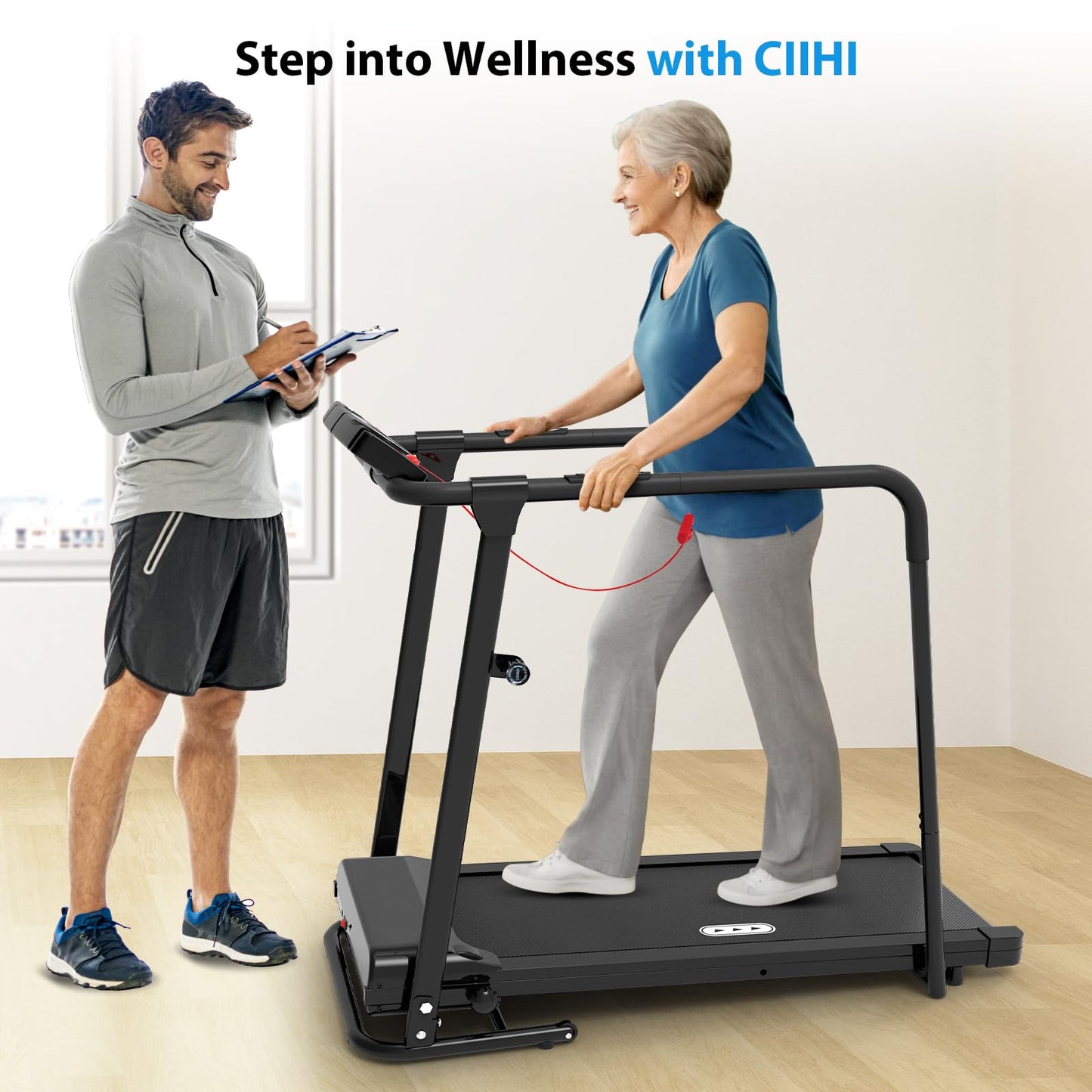 CIIHI Walking Treadmill for Senior - Foldable Senior Treadmill with 300 lbs Capacity and Long Handrails - Home Recovery Fitness Exercise Machine for Elder with Heart Rate Monitor