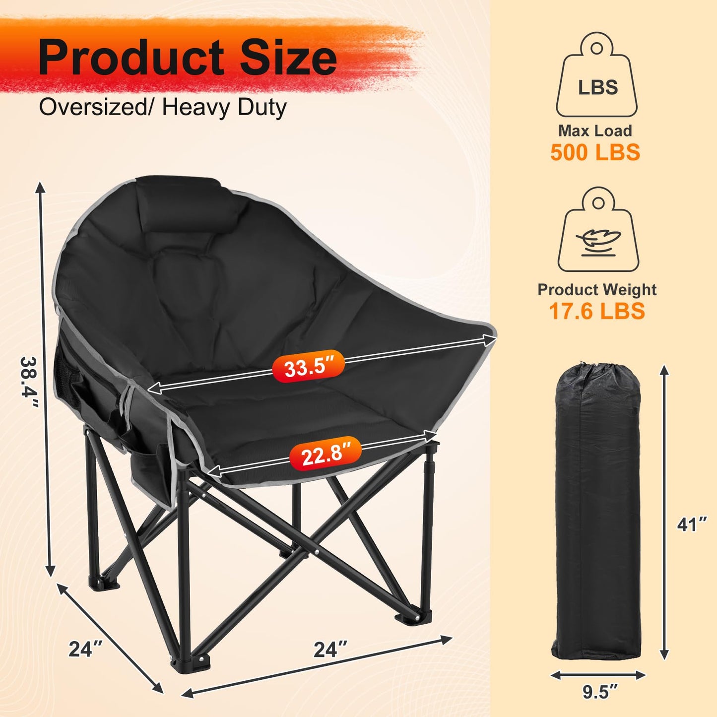 Slendor Oversized Heated Camping Chair with Power Bank, Portable Lounge Lawn Chairs, 3-Level Heats Padded Camping Chairs with Pillow, Storage Bag,10S Quick Heat, Extra Large, Supports 440lbs, Black