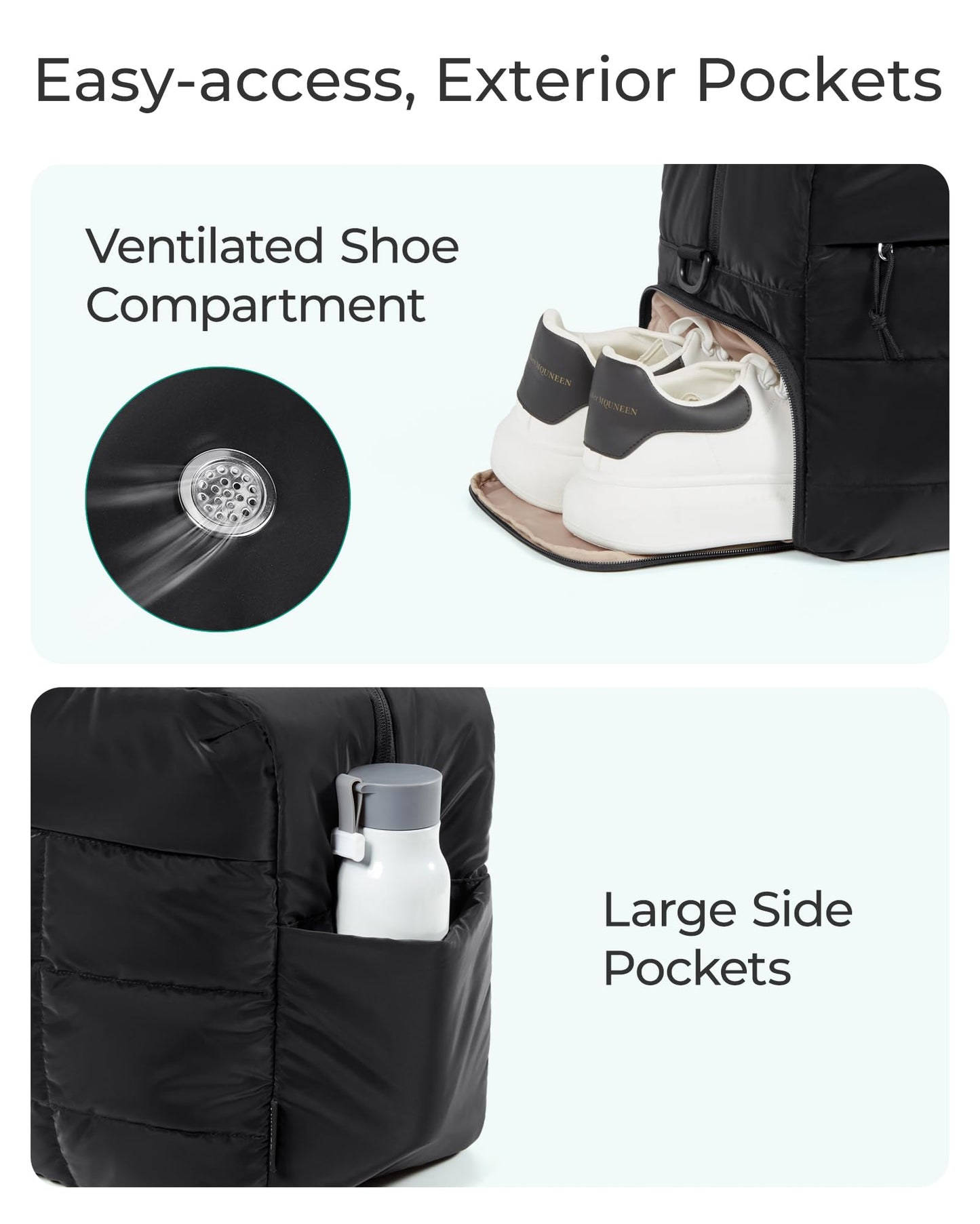 BAGSMART Gym Bag for Women, Carry on Travel Duffel Bag, Water-resistant Weekender with Shoe Compartment, Black