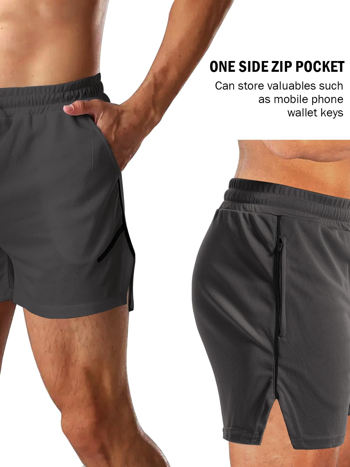 Aolesy Mens Workout Shorts with Zipper Pocket 5 Inch Lightweight Gym Running Shorts Linerless Bodybuilding Training Athletic Shorts Black Grey