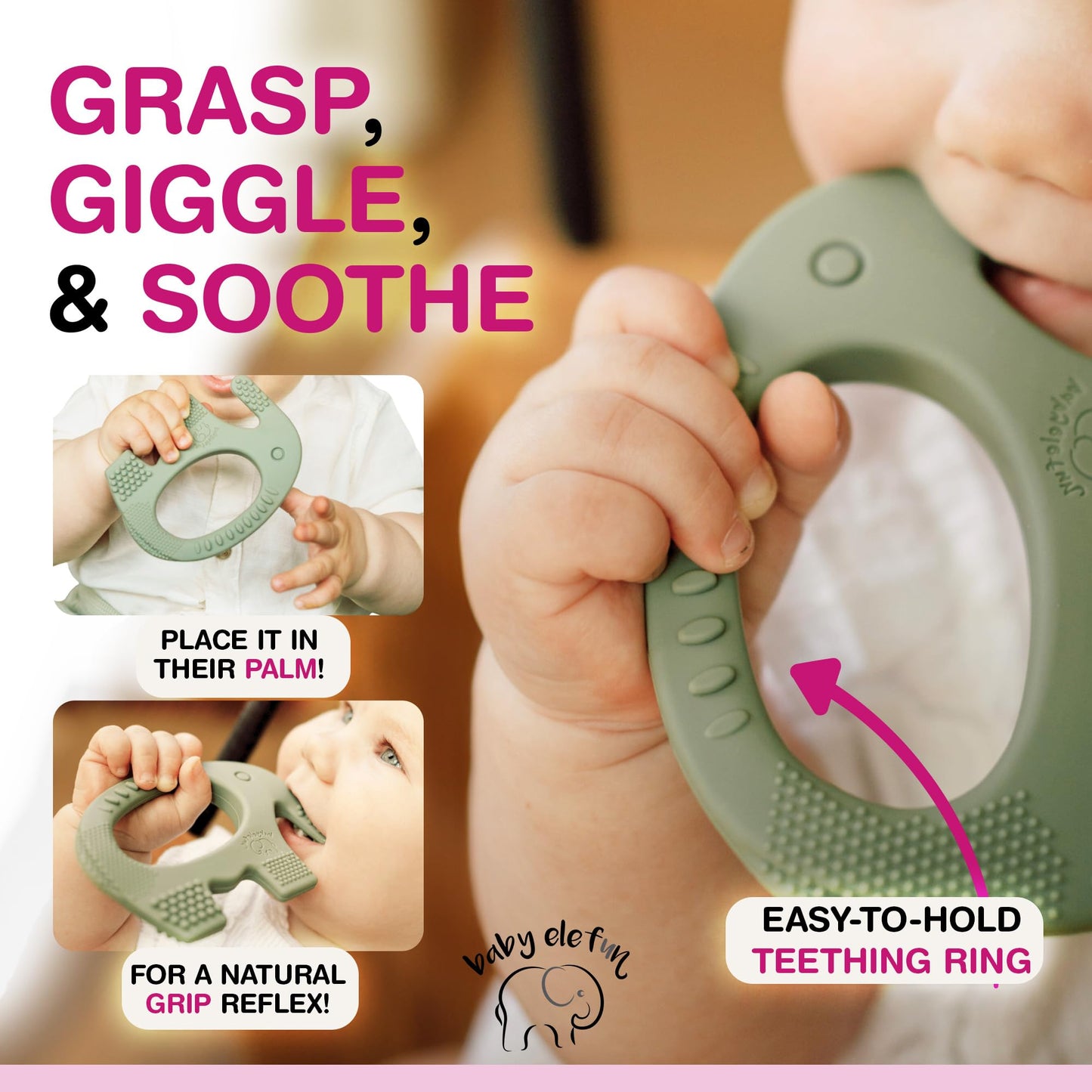 Teething Toys for Babies Age 0 to 6 Months - Baby Elefun 5X Pain Relief Smart Teether - Zero Developmental Delay Silicone Baby Teething Toy Ring - Cute Infant Shower Gift Chew Toy for Babies