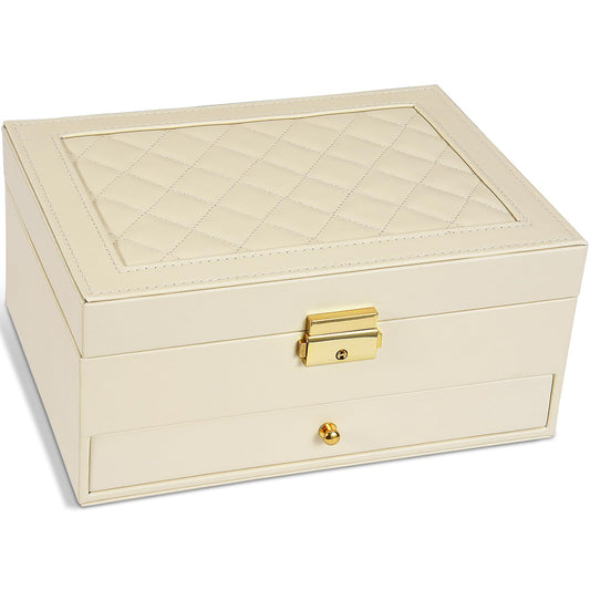 GUOER Jewelry Box for Women Girl Wife - Large PU Leather Jewelry Organizer Storage Case with Two Layers Display for Earrings Bracelets Rings Watches (Apricot)