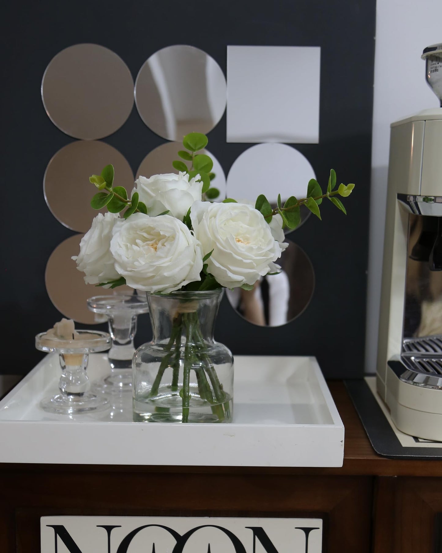 CHASMILE Artificial Flowers with White Roses in Vase, Fix Lifelike Fake Flowers in Vase with Artificial Water, Faux Flower Arrangements for Dining Table Centerpiece Decor