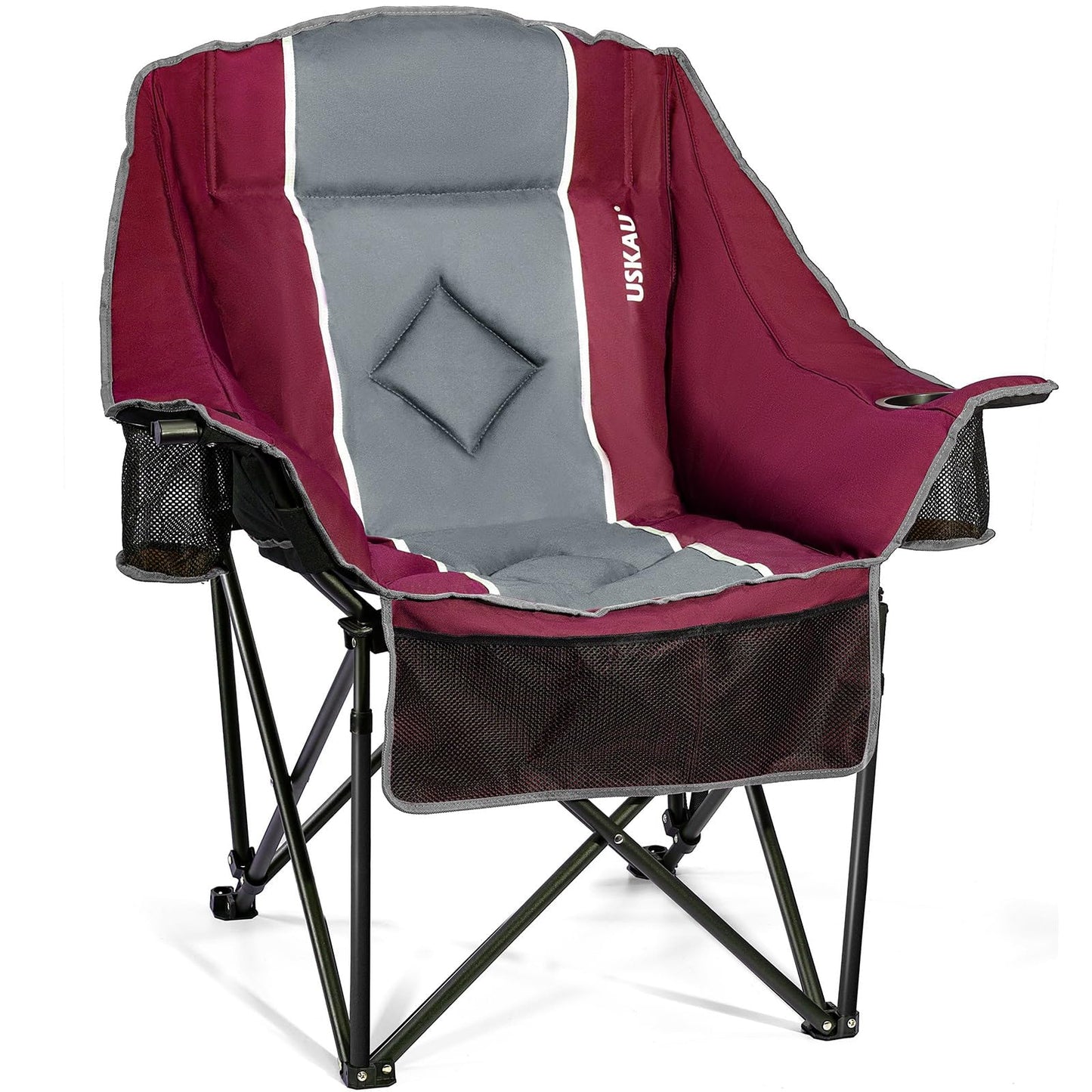 USKAU Oversized Camping Chair for Large Adults Heavy Duty 400 lbs Capacity, Comfortable Padded Folding Lawn Chair with Back & Headrest Support and Cup Holder, Portable Outdoor Chair with Carry Bag
