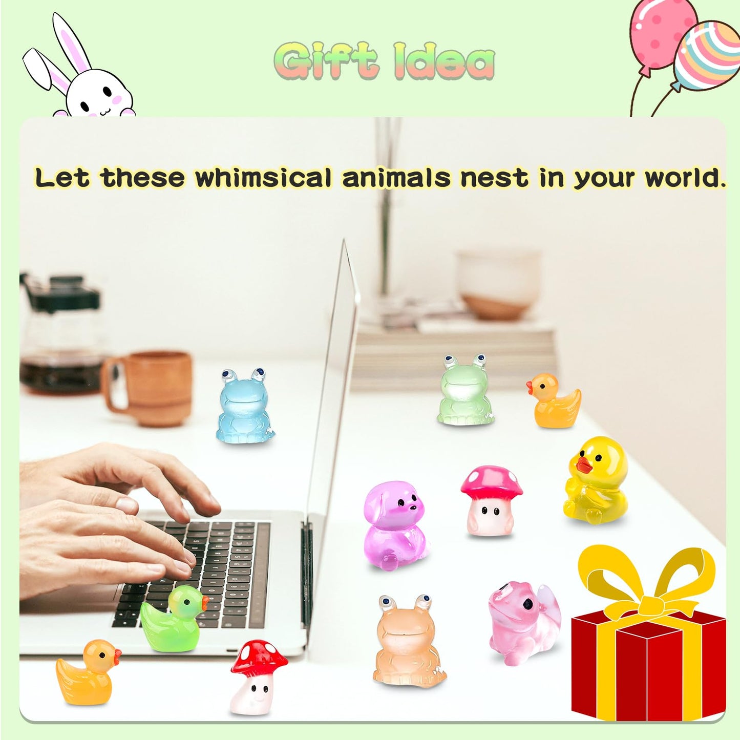 LOIKMIUP 100PCS Luminous Mini Animals Glow in The Dark, Tiny Animals Figures Resin Duck Frogs Mushroom 5 Combination Set for Prank Garden Micro Landscape Dollhouse Decor Craft