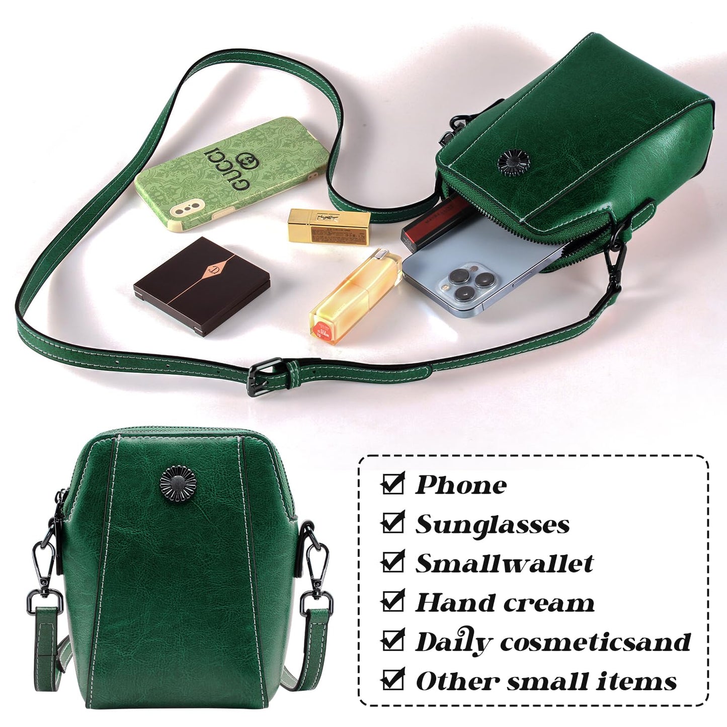 Designer Leather Small Crossbody Bags Purses for Women Cell Phone Bag Soft Women's Shoulder Handbags Gifts for Women (Green)