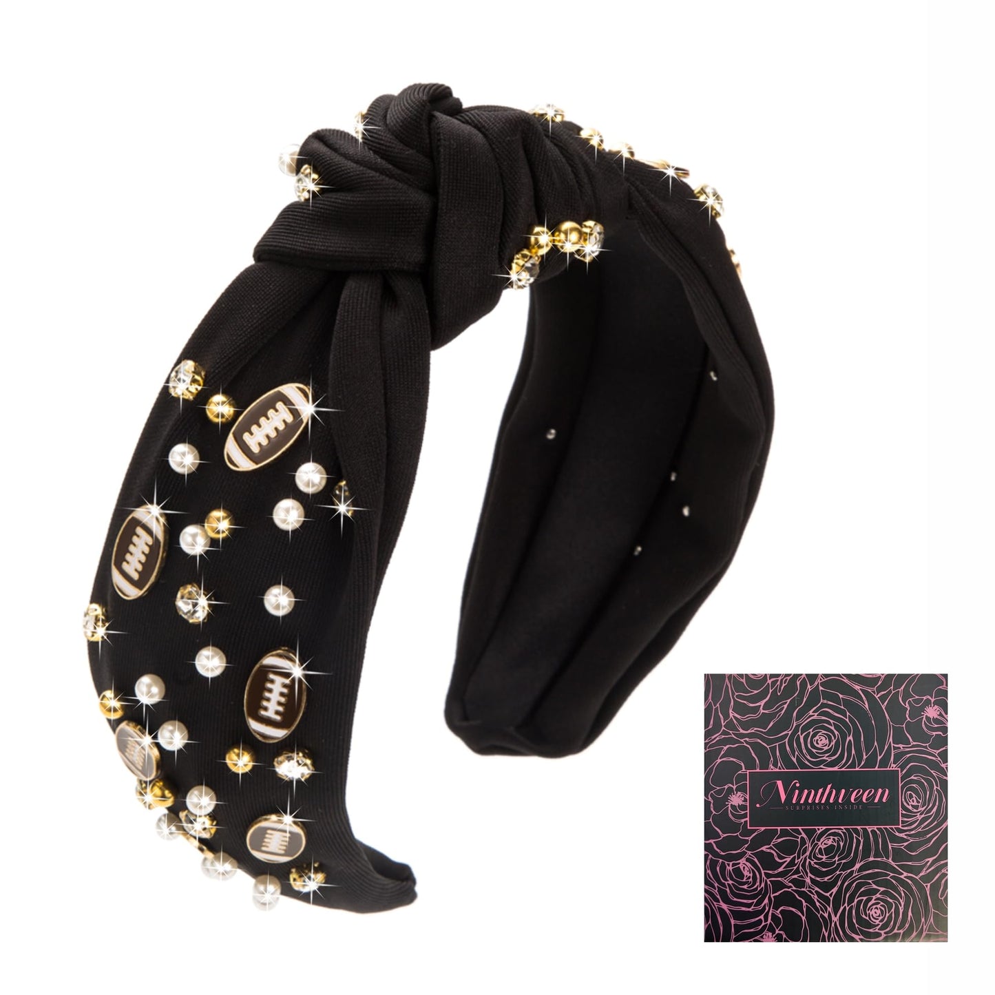 Women's Fashion Football Headband Black Red Orange Blue Pearl Rhinestone Jeweled Knotted for Girl's Fashion Cute Wide Headband for Mother's Day,Christmas,Birthday Gift