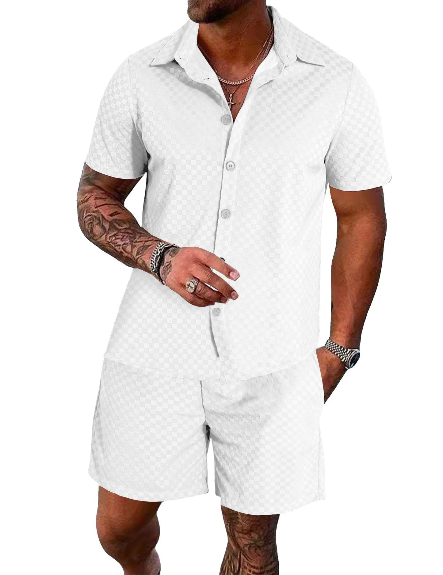 UOUA Mens Velour Tracksuit 2 Piece Outfits Short Sleeve Button Down Shirt and Short Sets Casual Sweatsuits White 3XL