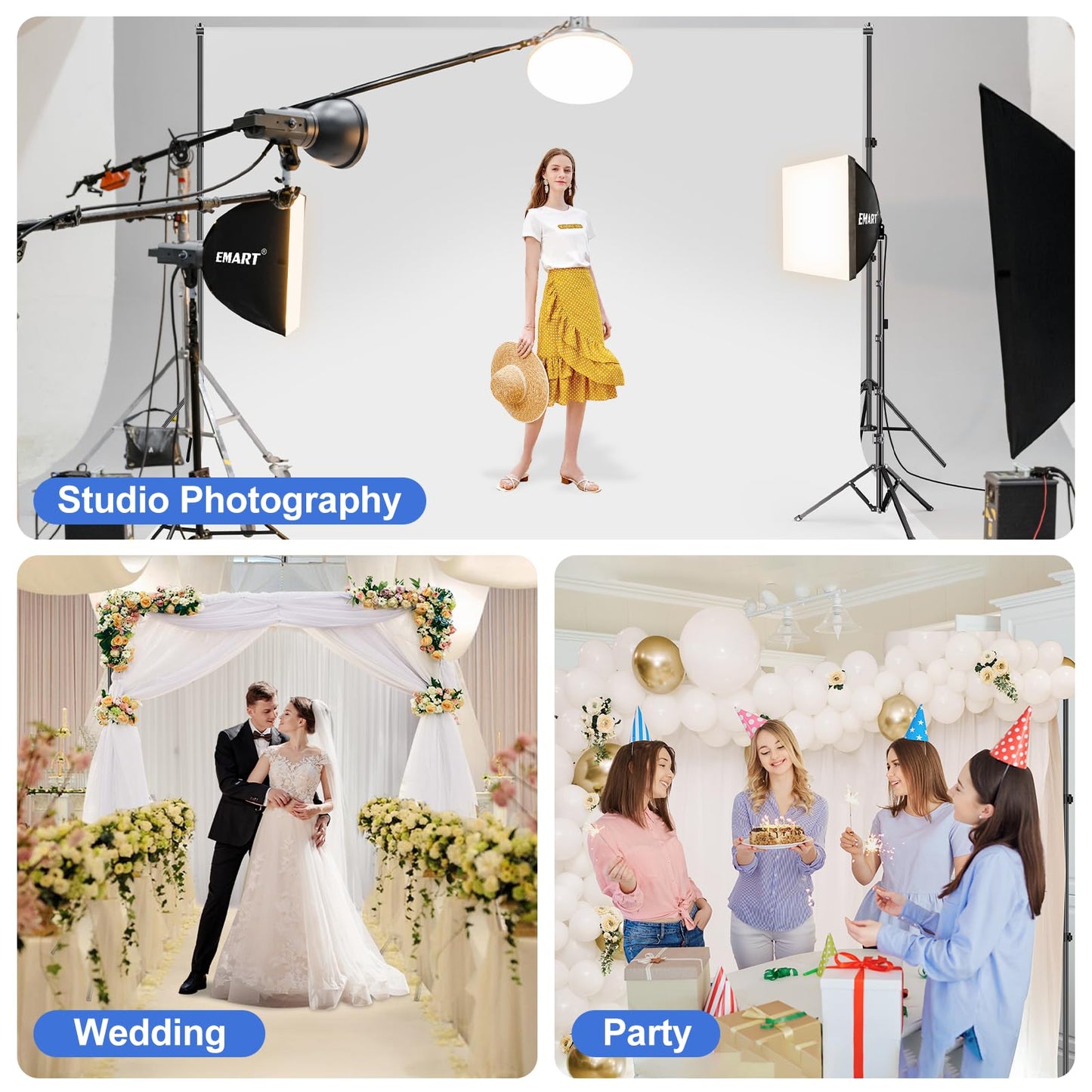 EMART Backdrop Stand 10x7ft(WxH) Photo Studio Adjustable Background Stand Support kit with 2 Crossbars, 8 Clamps, 2 Sandbags and Carry Bag for Parties, Events Decoration, Wedding, Photography
