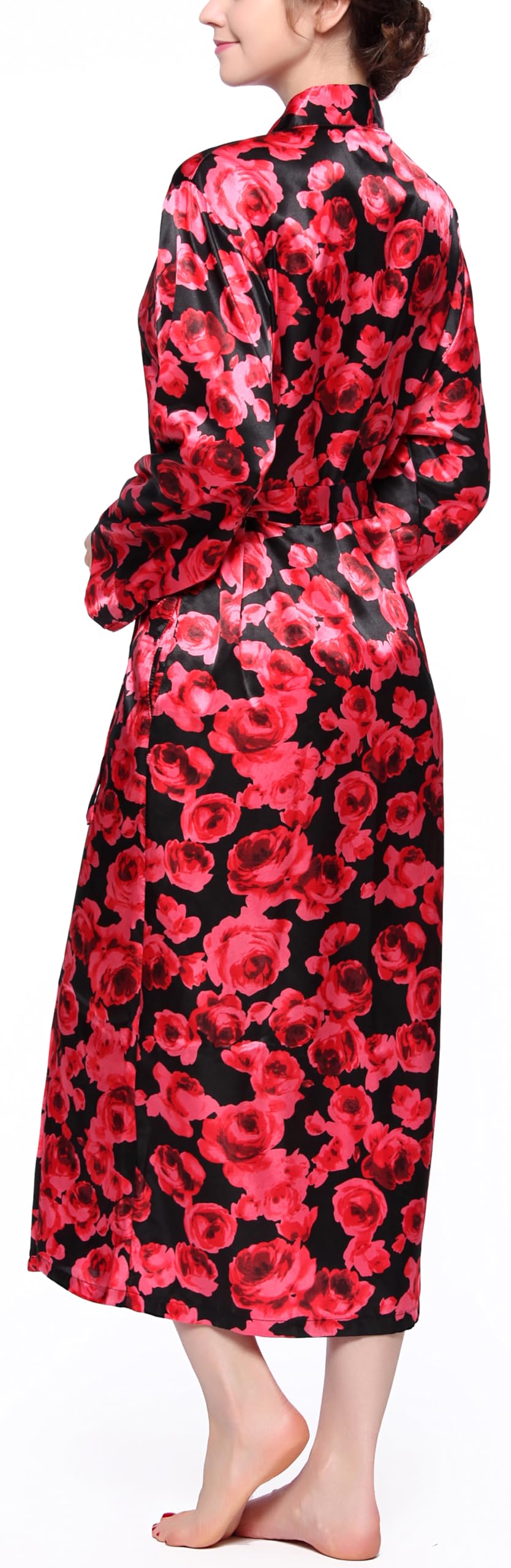 Lavenderi Women's Long Classic Satin Kimono Lounge Bathrobe Robe (Large, Red Floral Print)