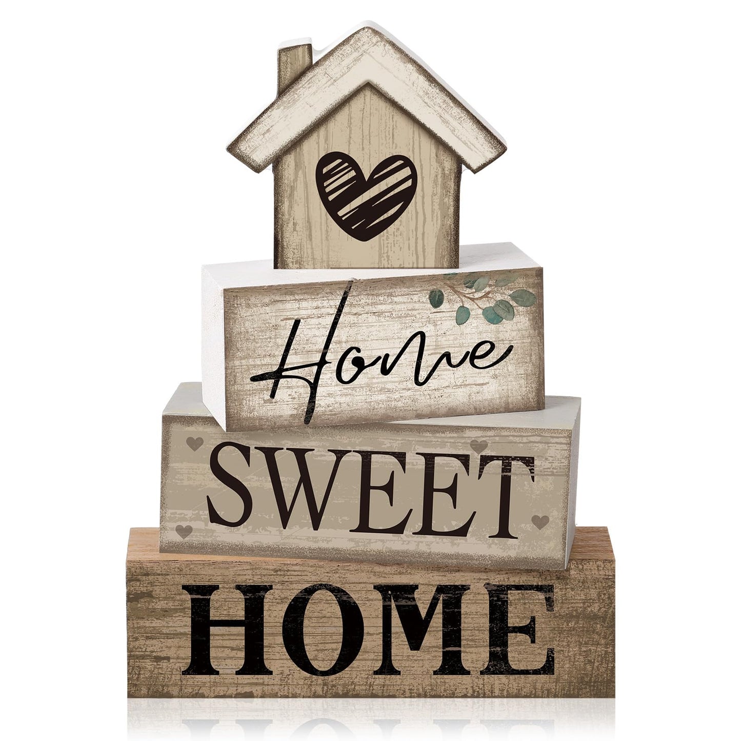 Moucuny 4 Pcs Wooden Farmhouse Tabletop Decor Rustic Home Tiered Tray Decor Decorative Highland Cow Home Eucalyptus Block Signs Gift Farmhouse Table Decoration for Kitchen Shelf(House)