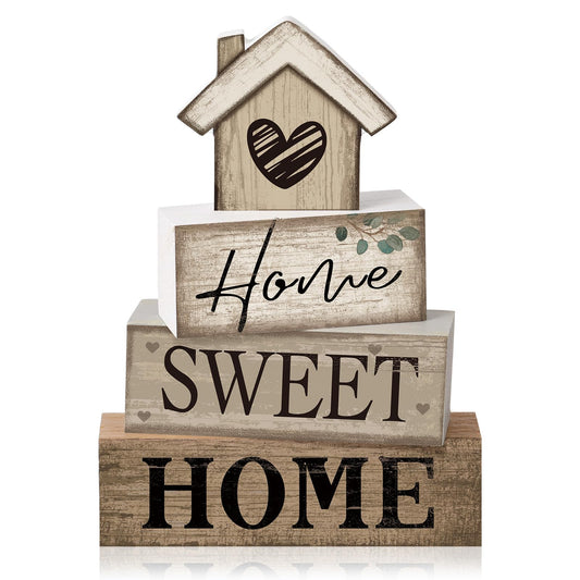 Moucuny 4 Pcs Wooden Farmhouse Tabletop Decor Rustic Home Tiered Tray Decor Decorative Highland Cow Home Eucalyptus Block Signs Gift Farmhouse Table Decoration for Kitchen Shelf(House)