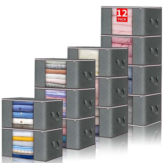 Budding Joy Clothes Storage, Foldable Large Storage Bags, Storage and Organization for Clothing, Blanket, Comforter, Clothes, Pillows, Toys, Closet Organizers with Enhanced Handle, 60L 12 Pack