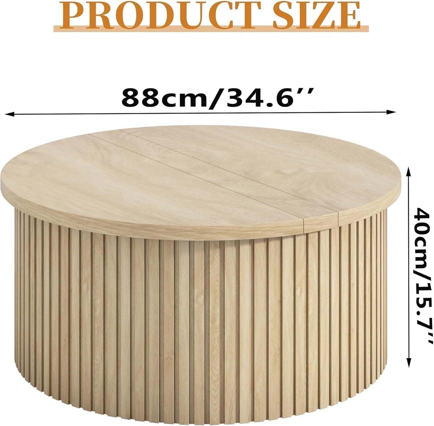 Fsbecl Round Fluted Lift Top Coffee Table with Storage, 34.6'' Farmhouse Round Coffee Tables for Living Room, Circle Wood Accent Center Table for Home, Office, Cafe (Wood Color)