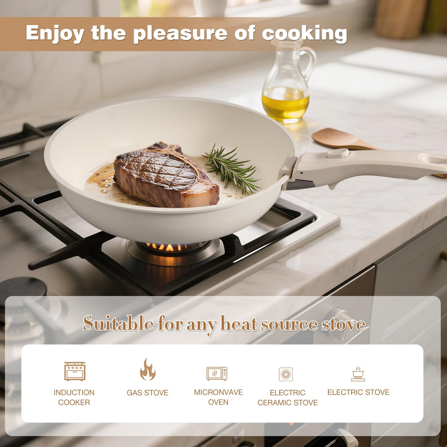 Zalnuuk 6 PCs pots and pans set non stick, Nonstick Kitchen Cookware Set, 2 Detachable/Removable Handles, Induction RV Kitchen Set, Oven Safe, Cream White