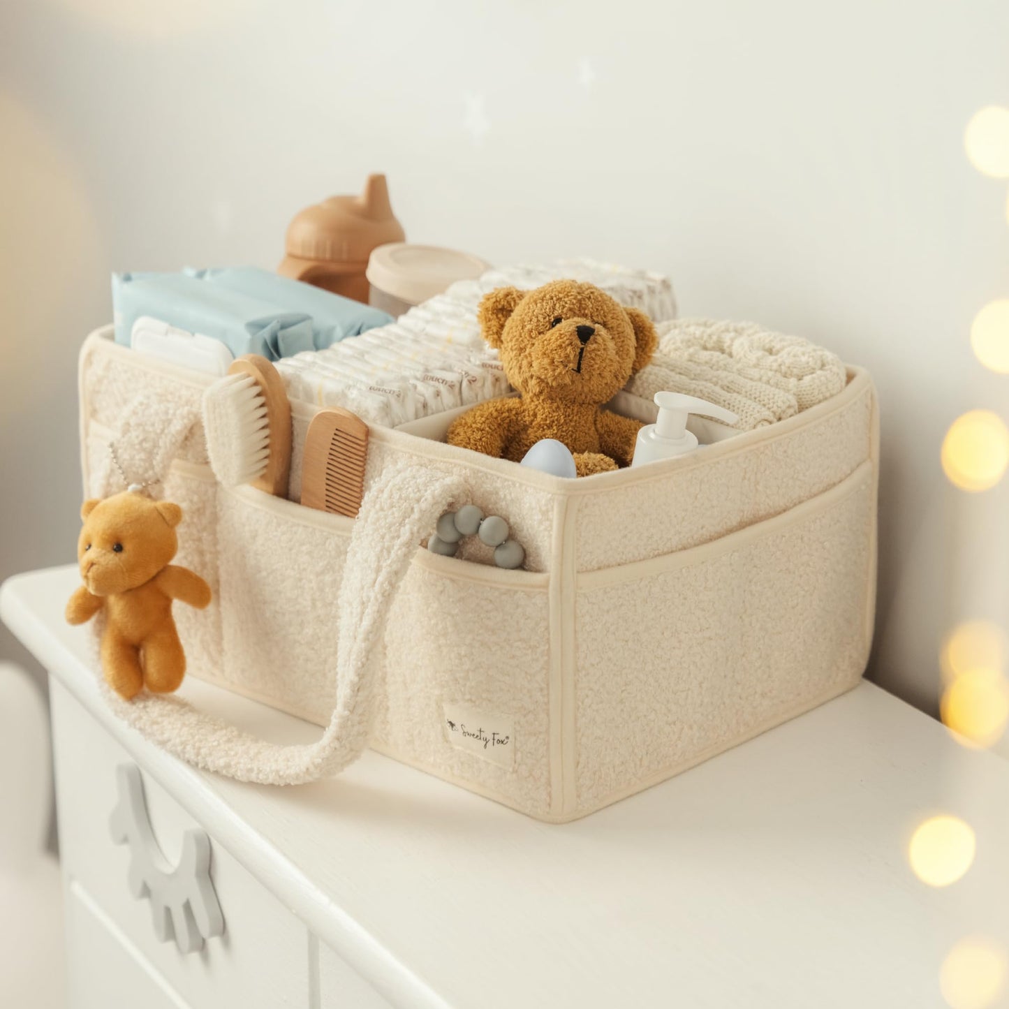 Sweety Fox Baby Diaper Caddy Organizer with Handle - Portable Sherpa Nursery Basket - Car Diaper Organizer, Cleaning Caddy, Gift for Baby Shower - Ivory