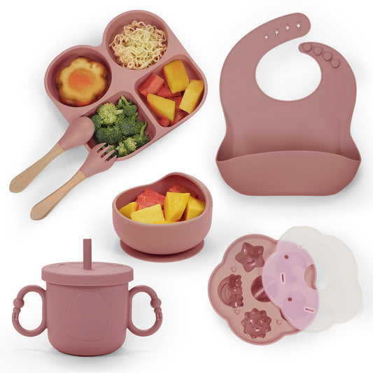 MIICASA Silicone Baby Feeding Set, Baby Led Weaning Supplies, Baby Food Tableware Silicone Suction Plate, Bowl, Spoons, Fork, Waterproof Bib, Cup & Complementary Food Cake Mold, Baby Eating Utensils