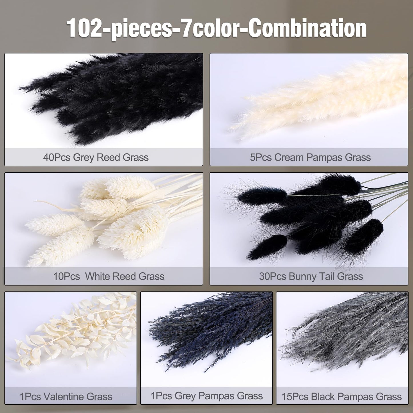 102PCS Black Pampas Grass Decor, Grey White Natural Dried Pampas Grass Bulk, Boho Home Decor Bouquet, Black and White Dried Flowers Decor, Halloween Wedding Floral Arrangements Vases Decorations