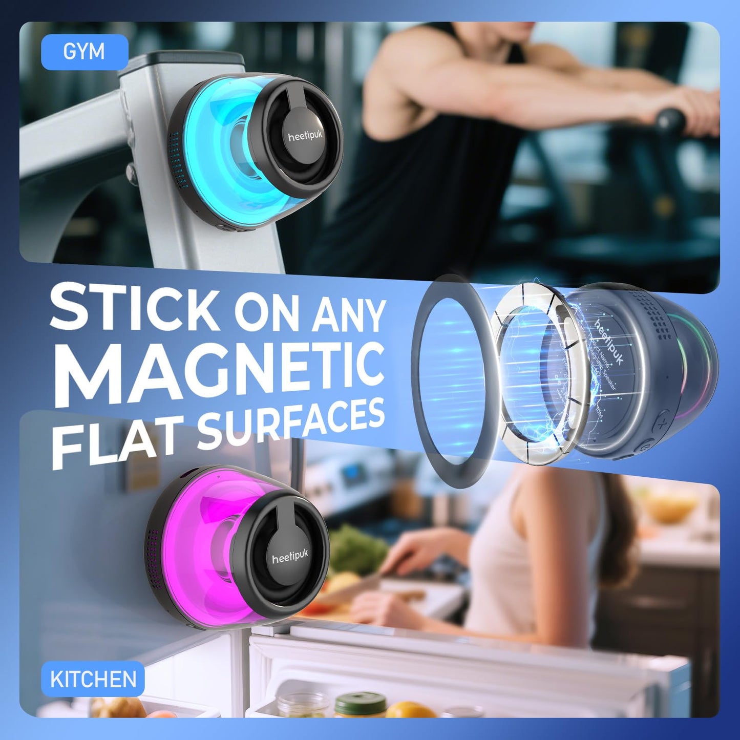 heetipuk Mini Magnetic Bluetooth Speaker, Loudspeaker with Bass Diaphragm, 5W Internal-Magnet Speaker, 7H Playtime,TWS, RGB Light, TF Card Slot, Including Magnetic Ring and Lanyard, As Phone Stand