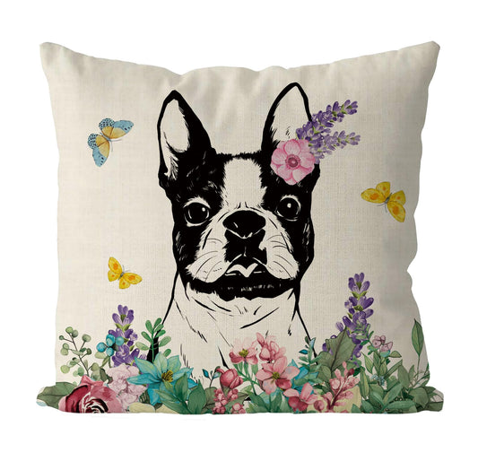 QIONG MENG Spring Pillow Covers 18x18 Inch Boston Terrier Flower Throw Pillow Case Spring Dog Cushion Case for Home Sofa Living Room Farmhouse Decorations